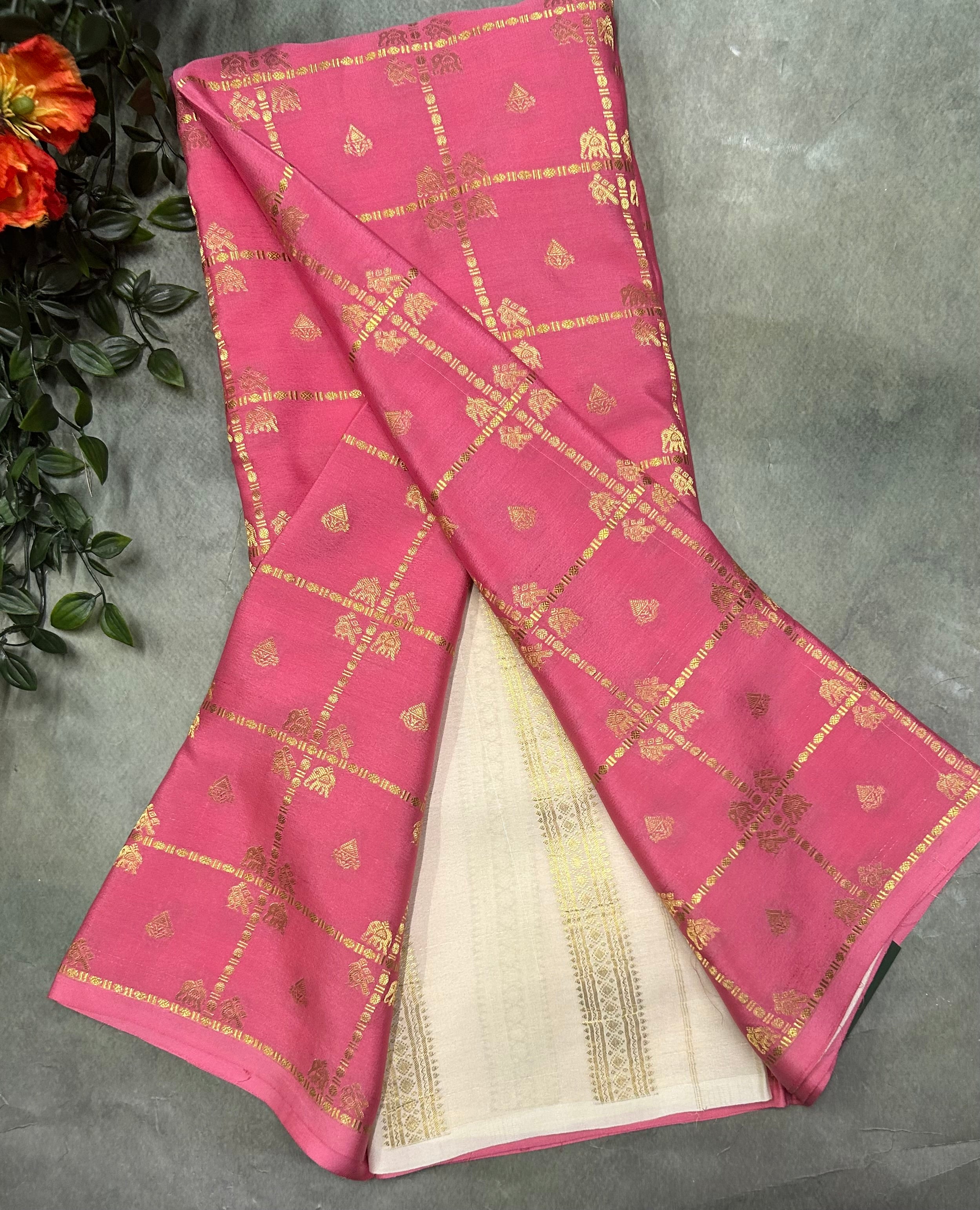 Pastel pink contrast ST checks borderless pure mysore silk-105 saree