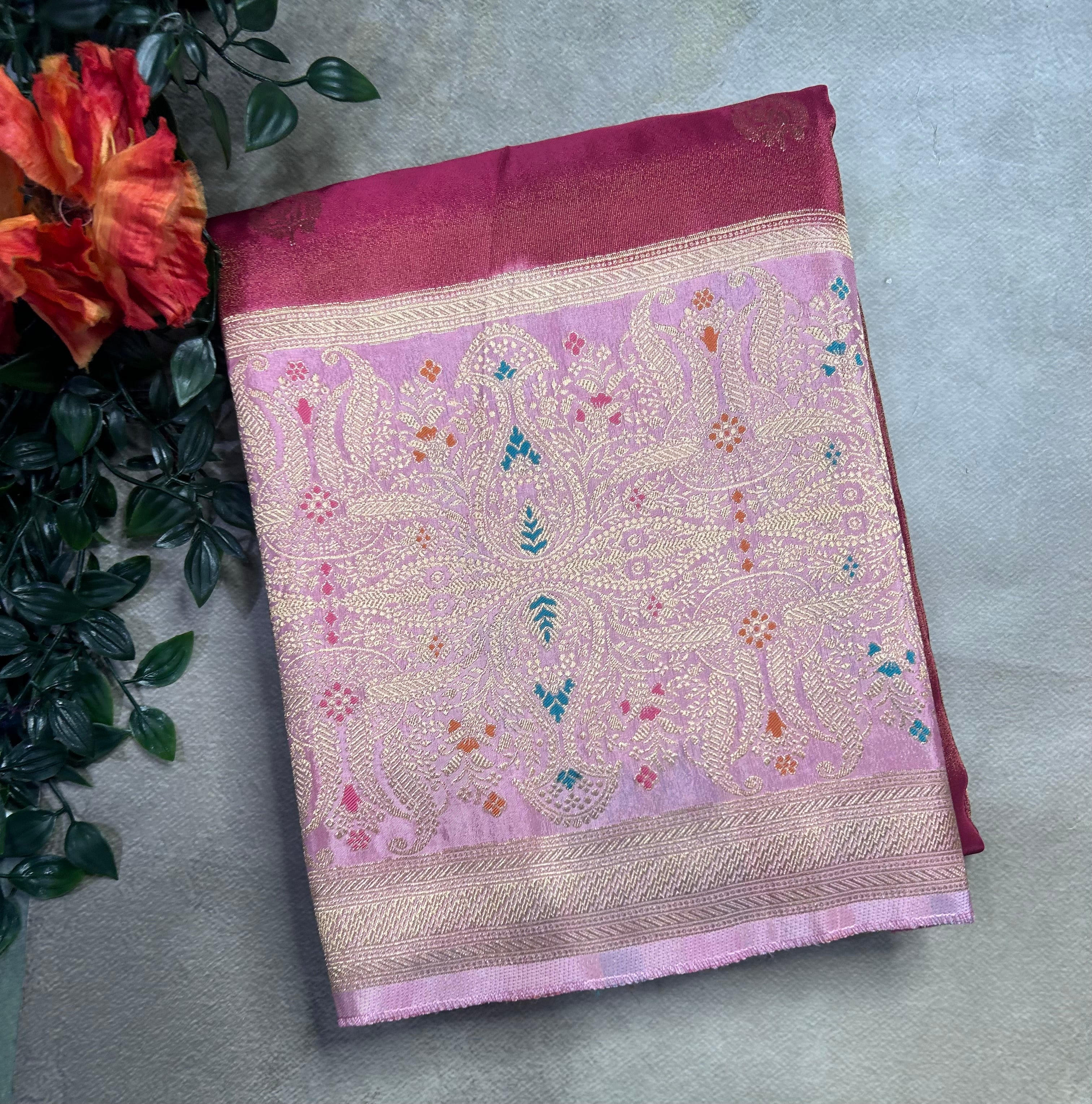 Pink contrast long border soft semi tissue crepe 106 saree
