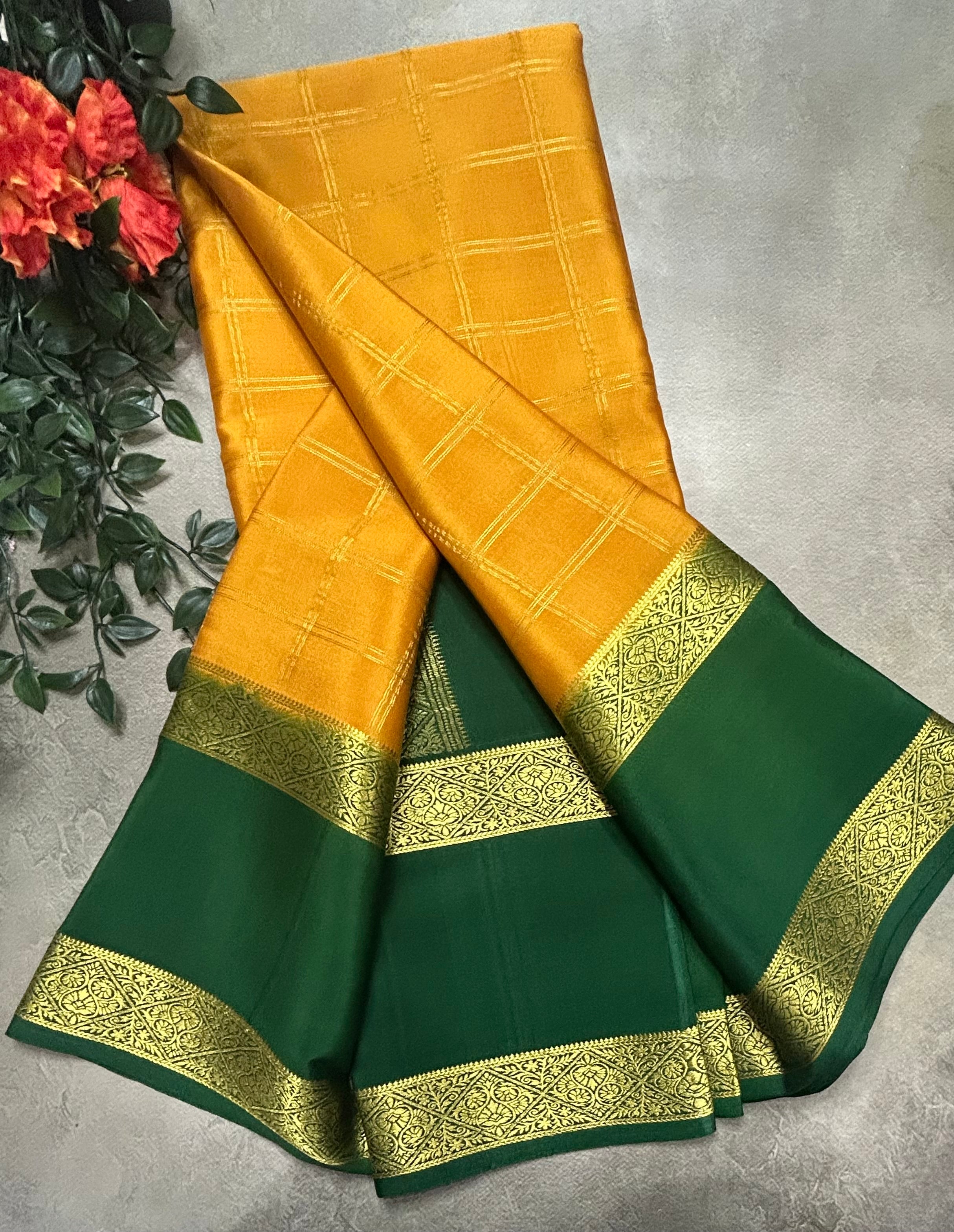 Yellow checks n Bentex border pure Mysore silk 105 saree