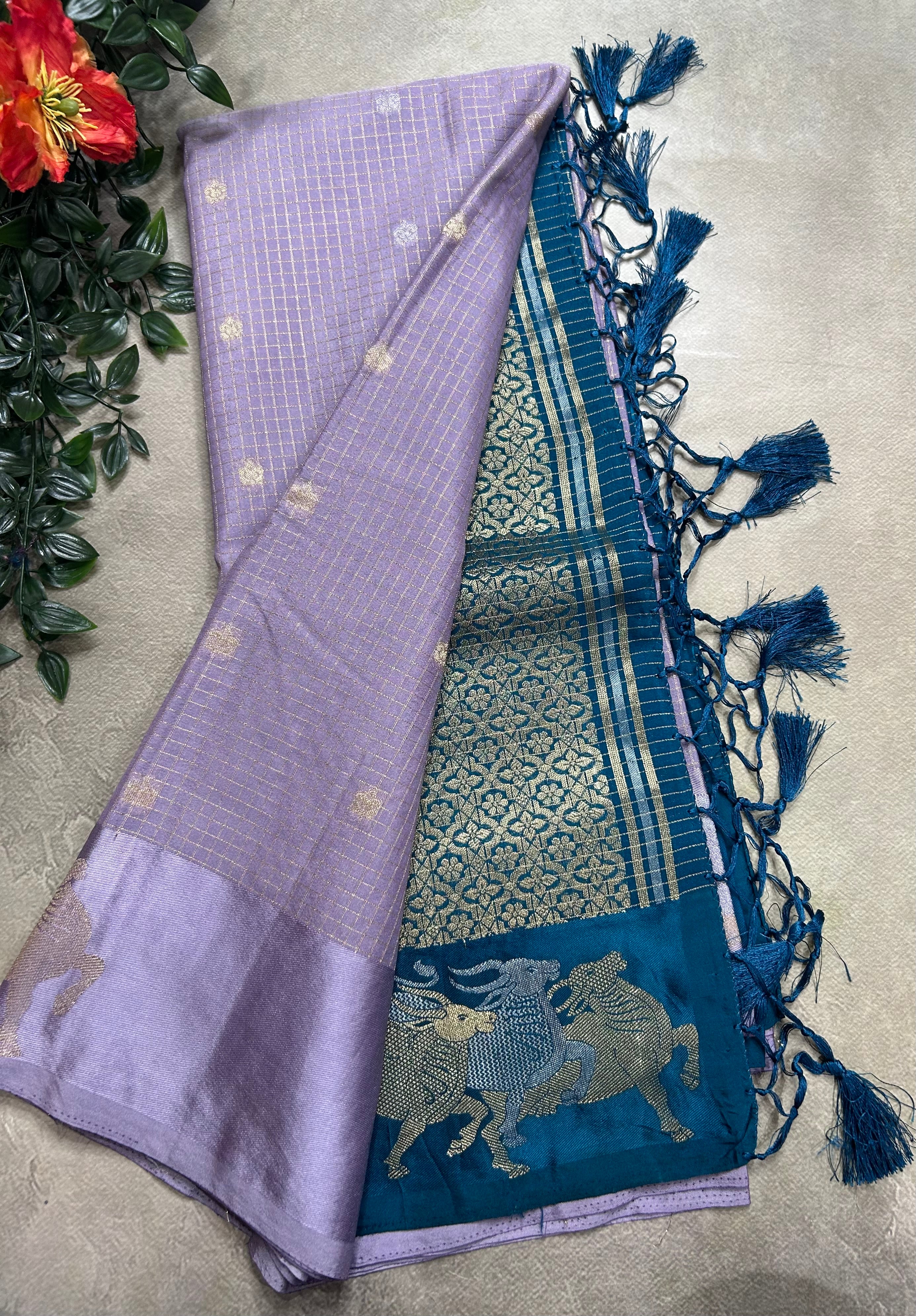 Pastel purple small checks semi Mysore crepe 106 saree