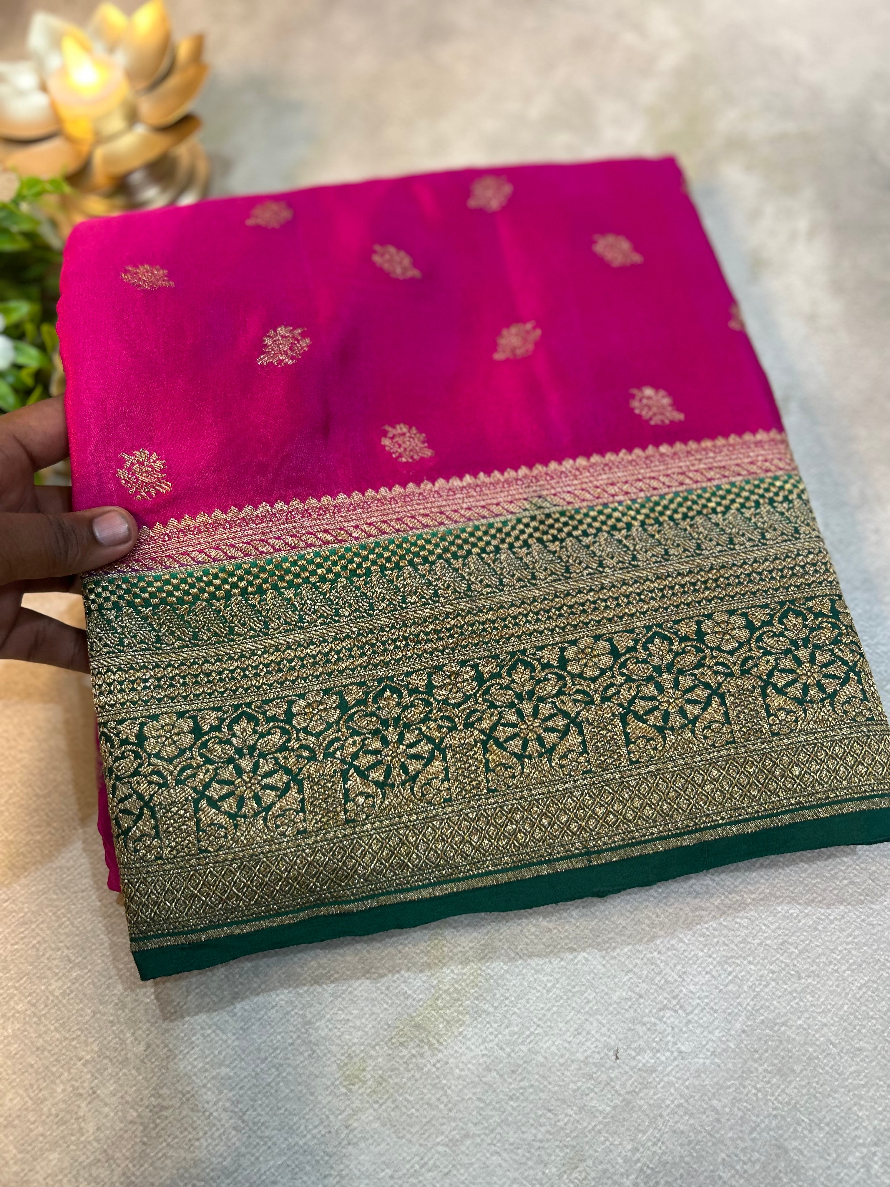Pink n green small Butta pure banarasi crepe-10 silk saree