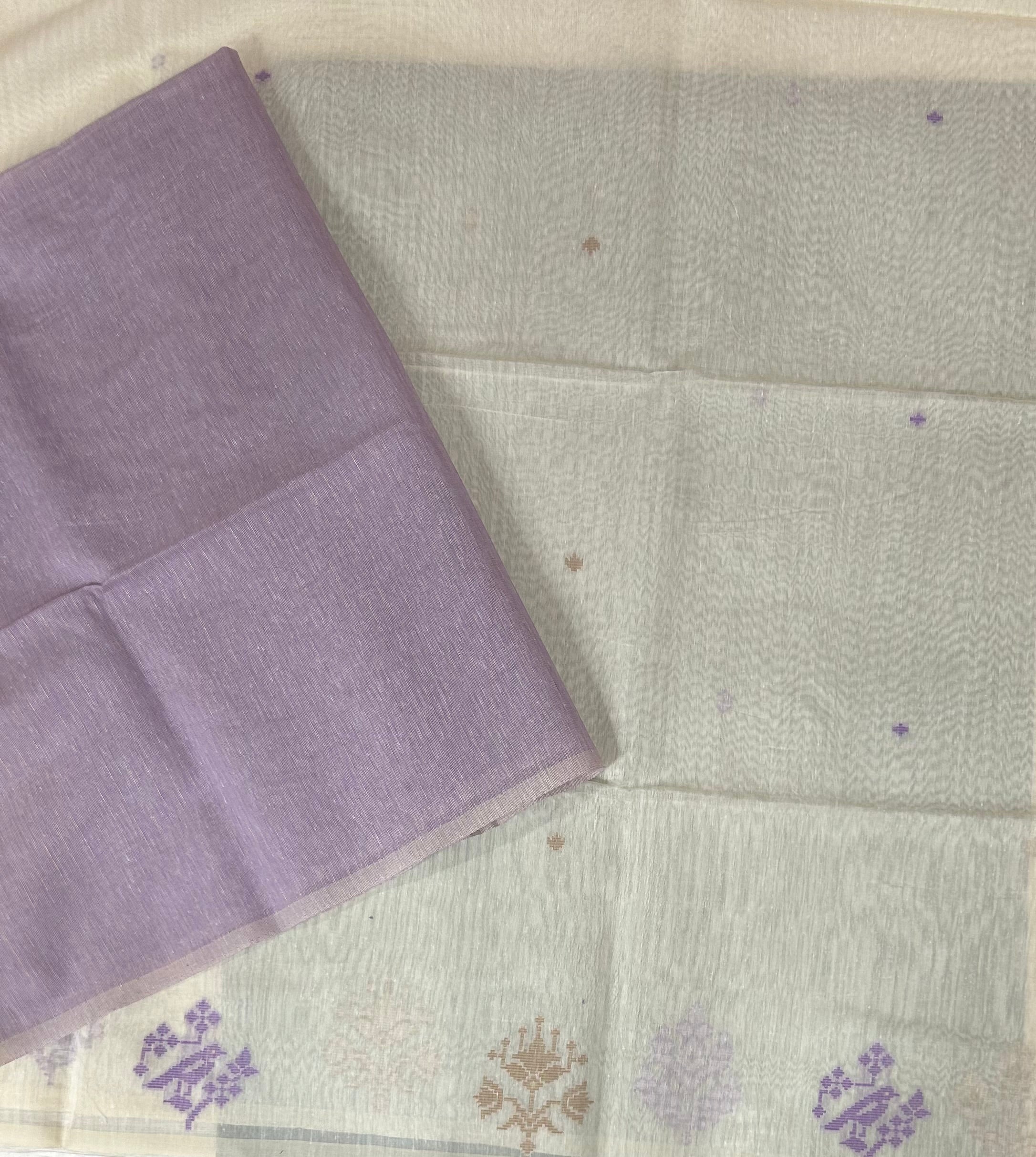 Cream n lilac pure linen saree