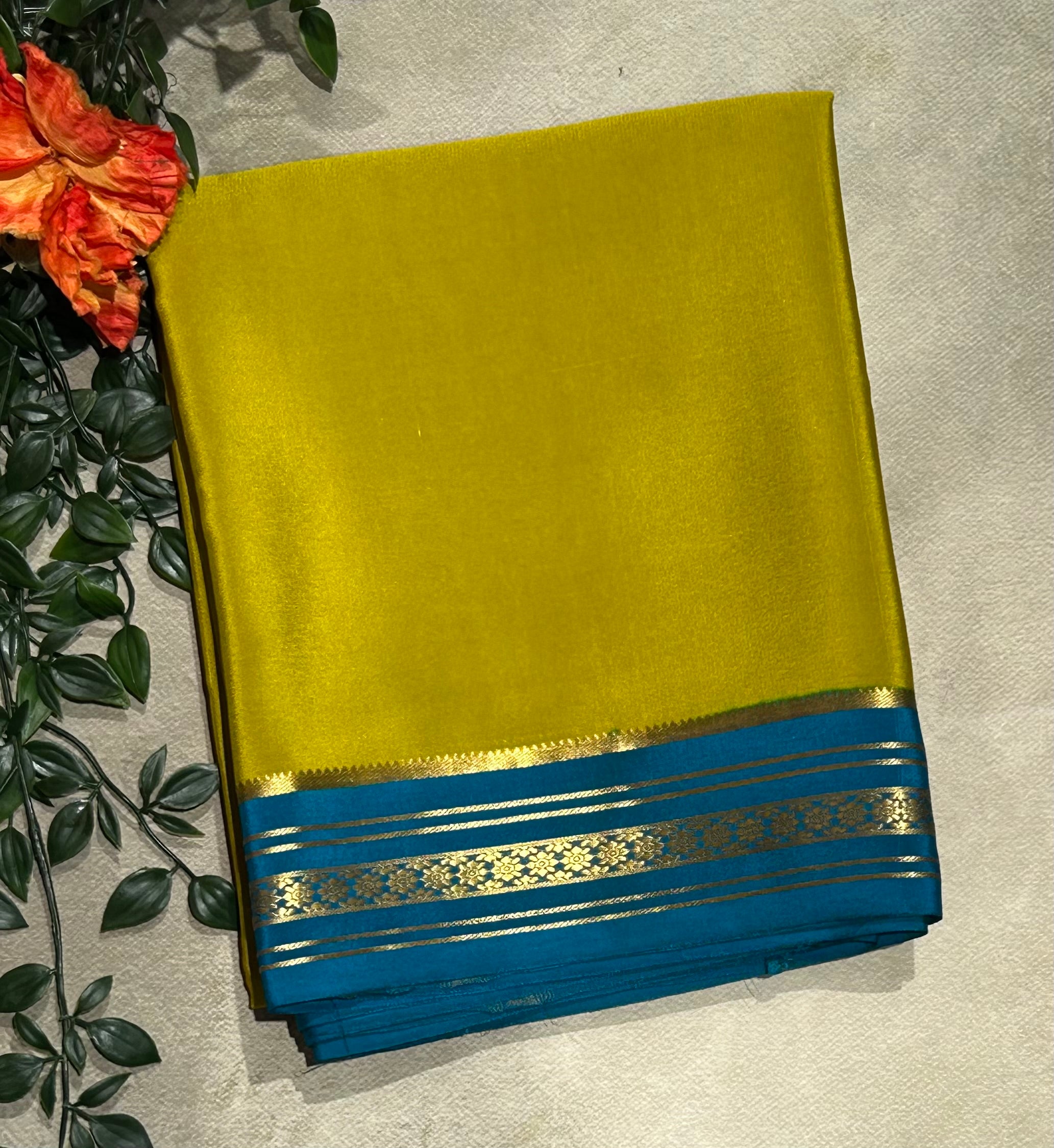 Mustard yellow stripes border pure Mysore silk-103 saree