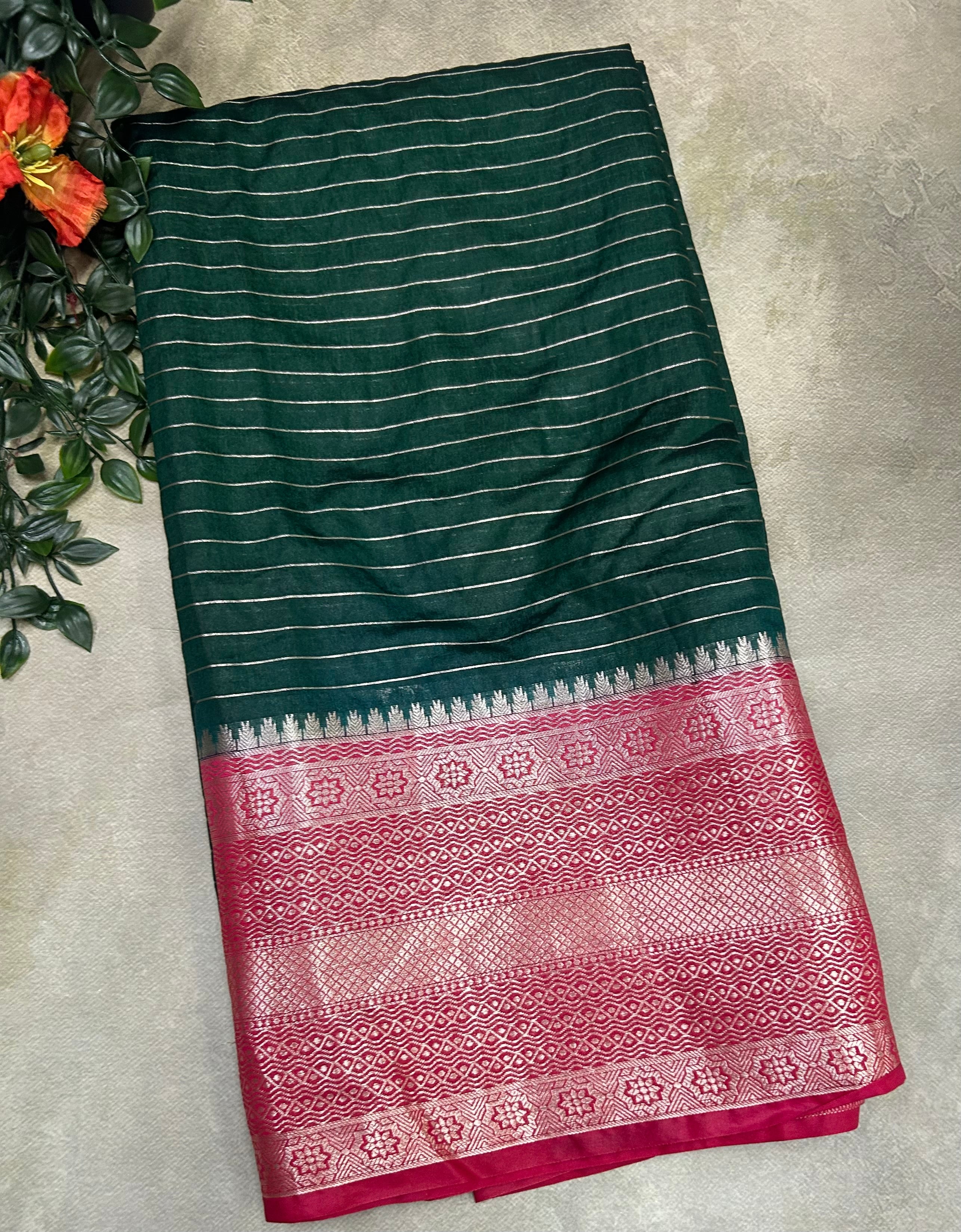 Bottle green long Border stripes semi Silk Saree