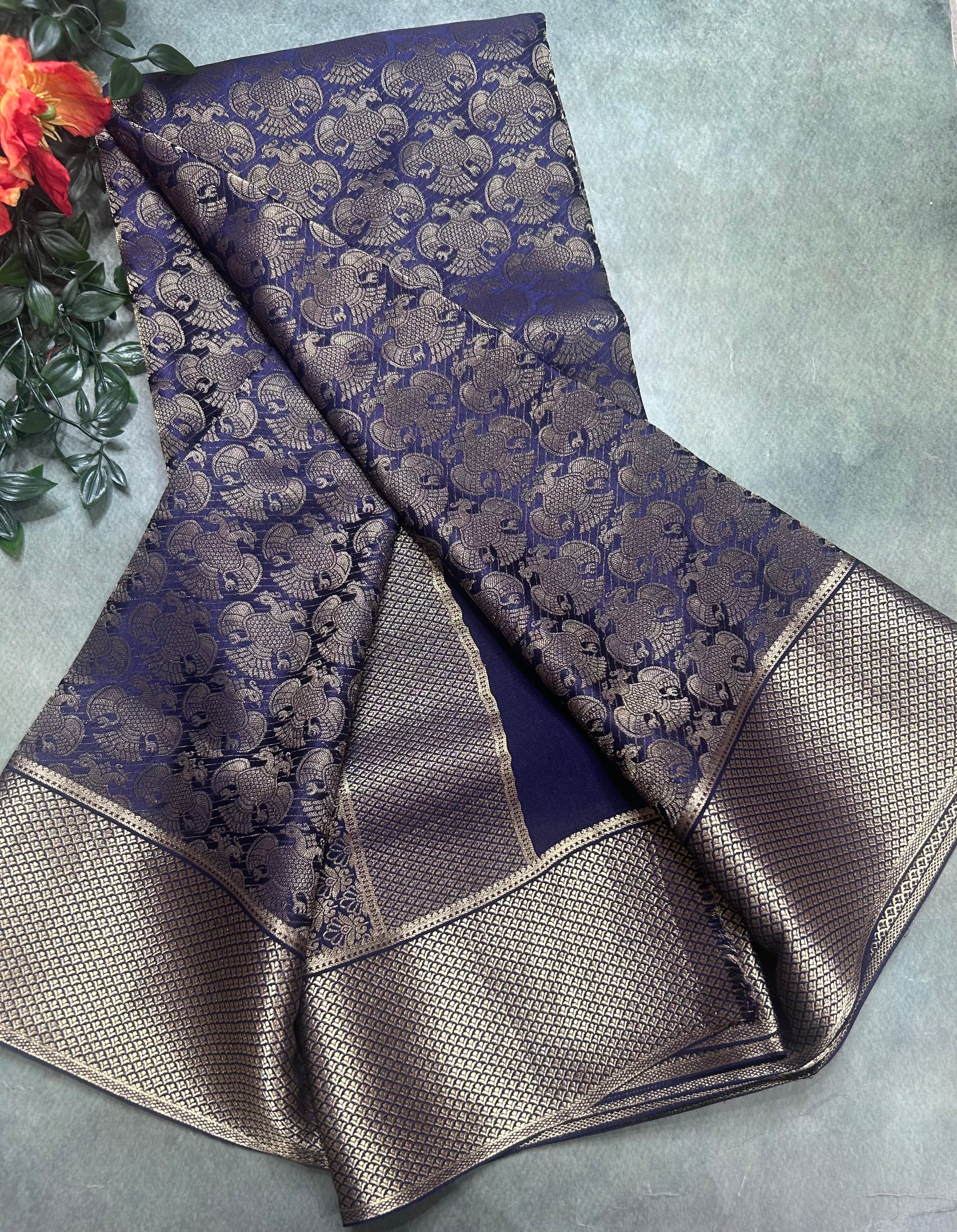 Navy blue gandaberunda brocade Pure Mysore Silk 106 Saree