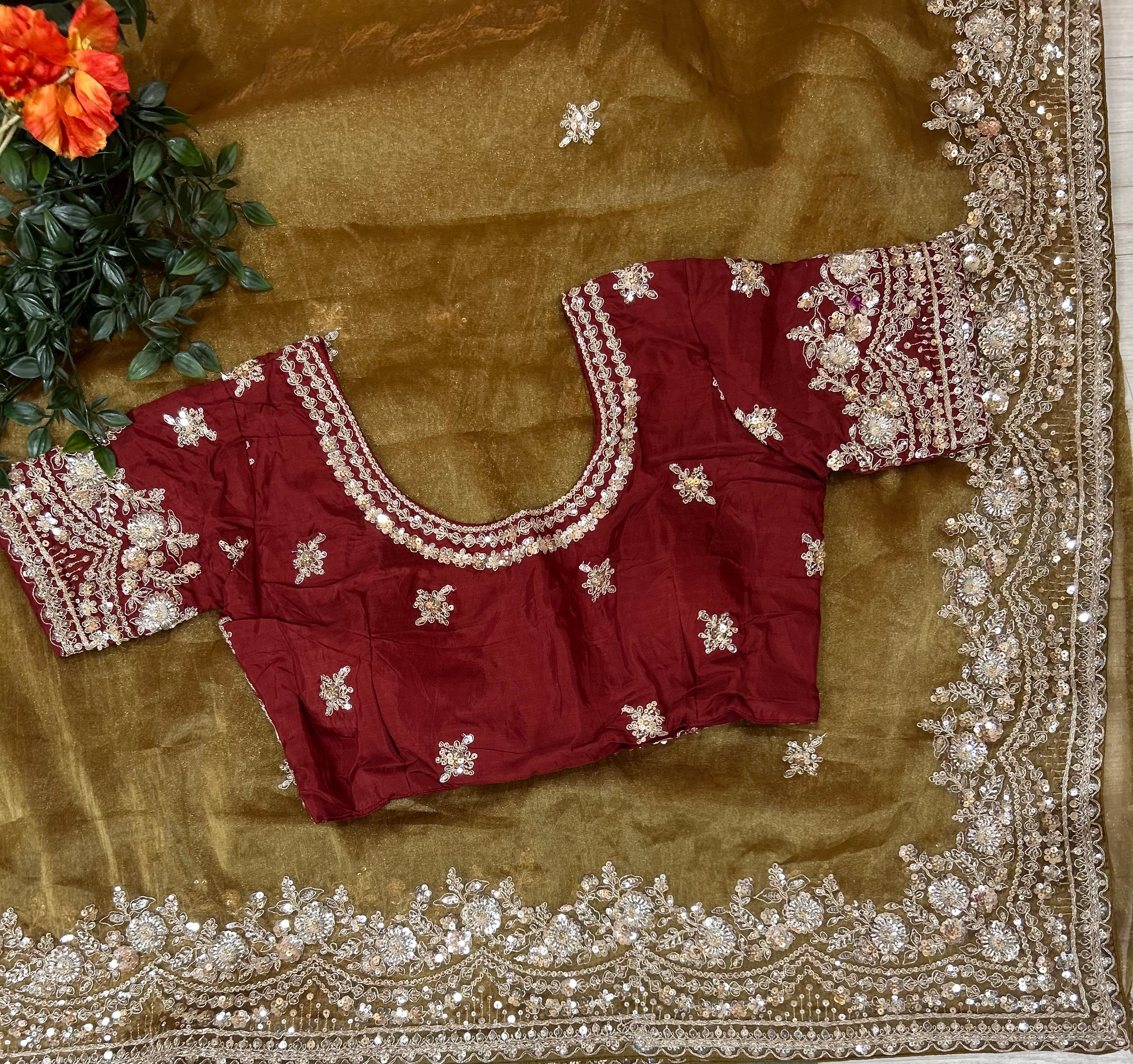 Pastel brown small Butta party wear with stitched blouse-10 saree