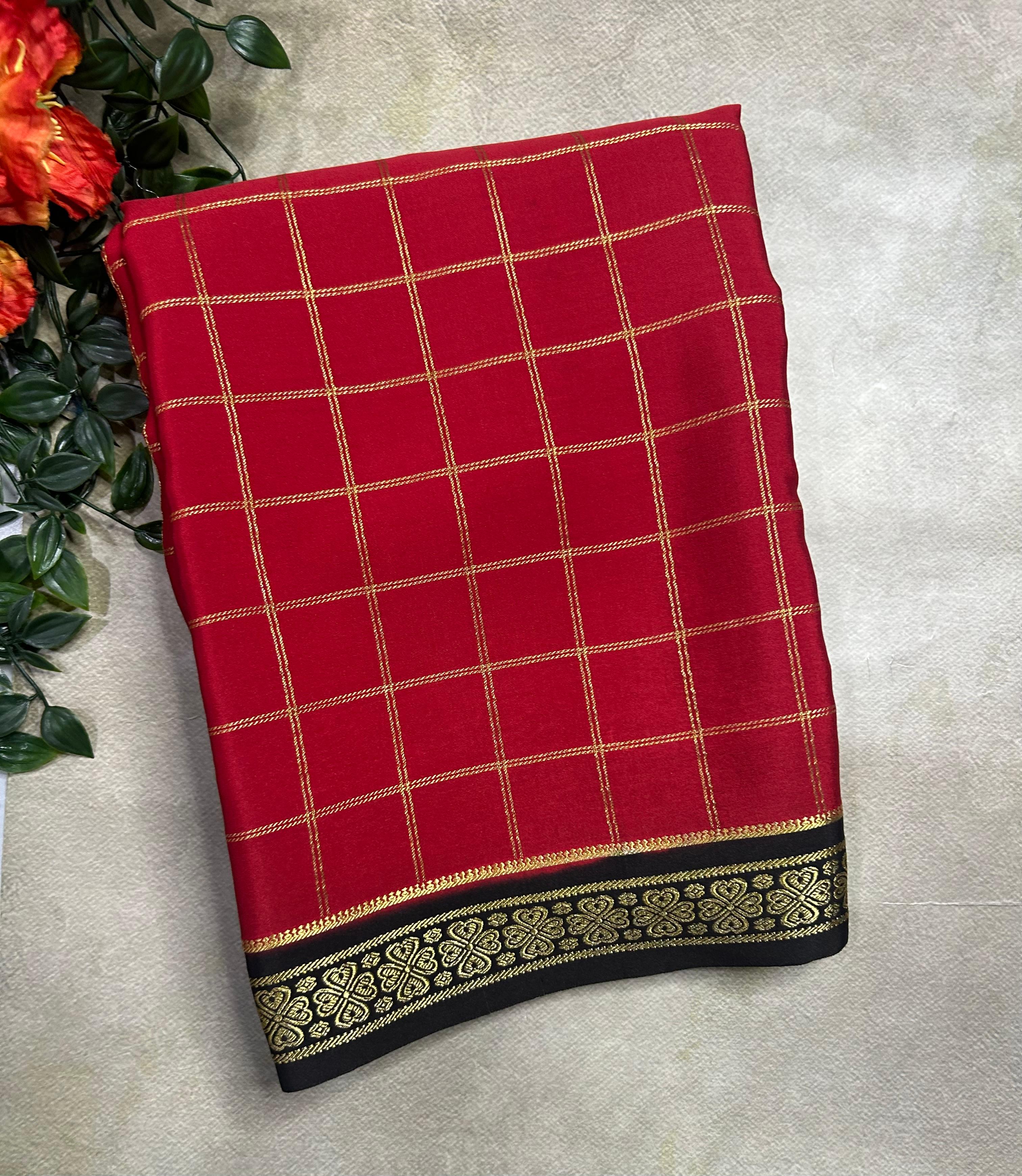 Red checks pure css zari Mysore silk 105 saree