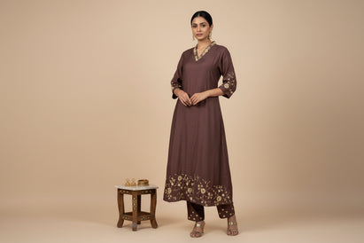Brown SILK Airline Handwork Kurtha
