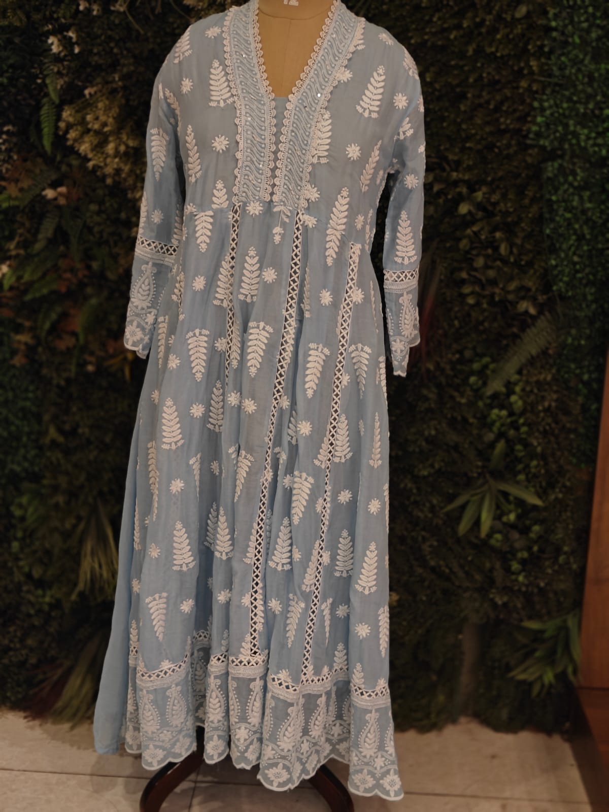 Sky Blue Cotton Hacoba Work Anarkali Kurtha 459