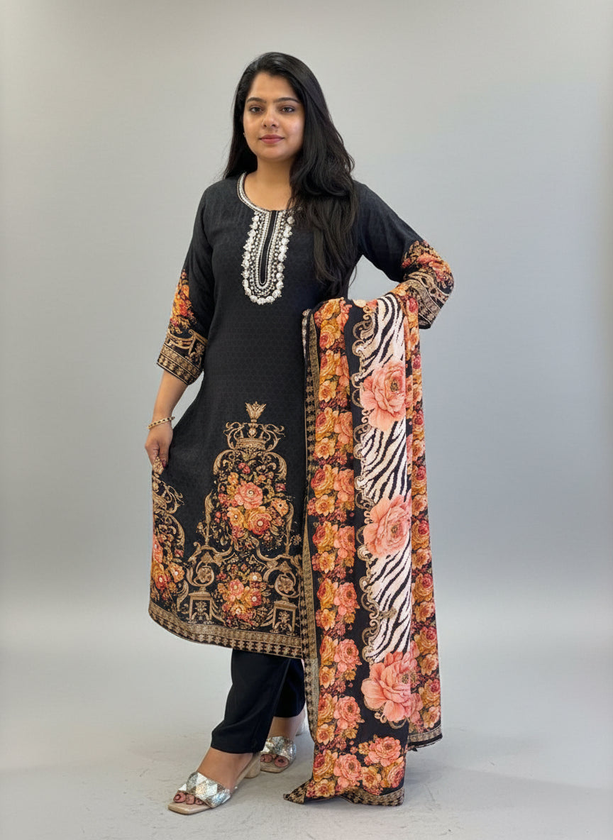 Black Digital Print Handwork Crepe Kurtha 533