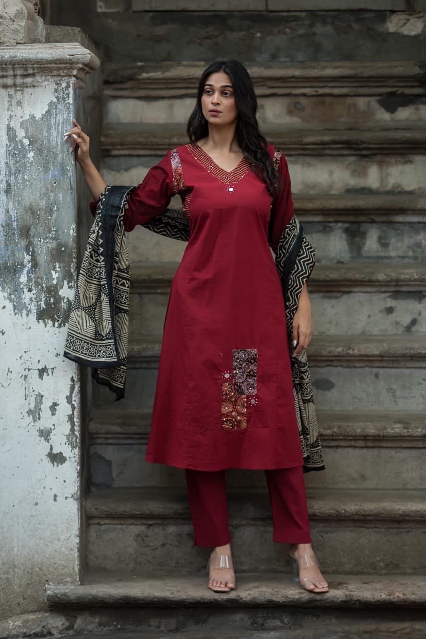 Maroon Cotton Designer Kurtha 939