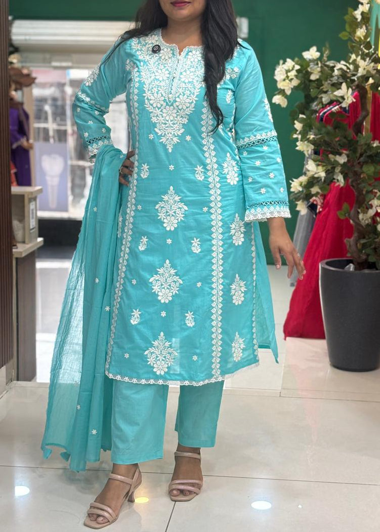 Blue Mul Cotton  Chikankari Work Straight Fit Kurtha 196