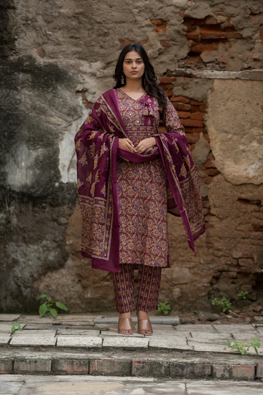 Purple Cotton Kalamkari Kurtha