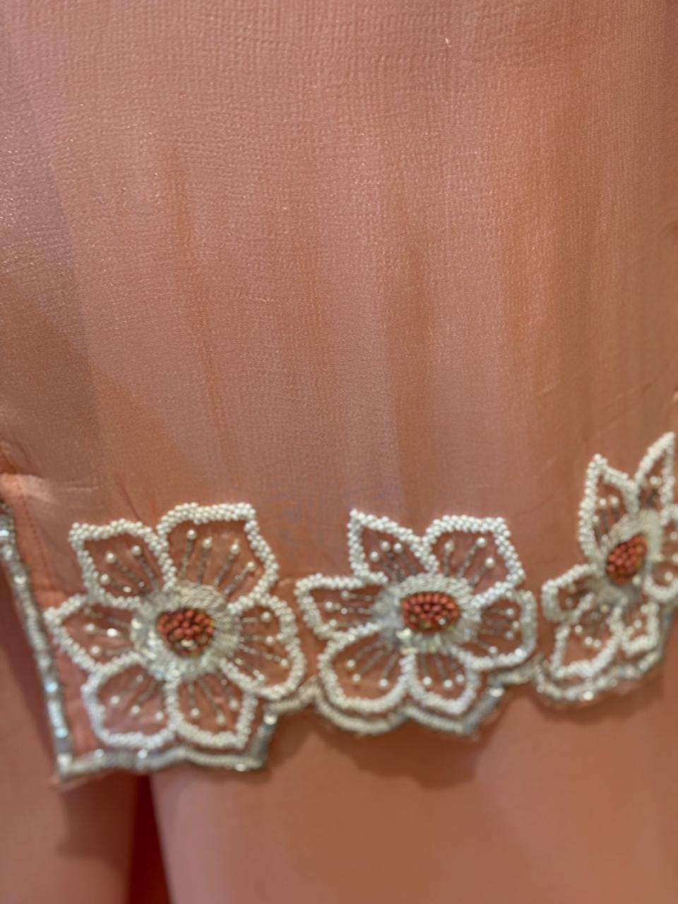 "PARI"  Peach Designer Kurtha 43 Set with Handwork Top, Palazoo and Jacket Indo-western cape