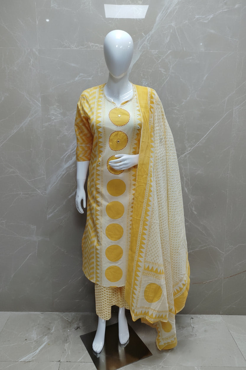 Yellow Cotton Hand Embroidery Straight Fit Kurtha