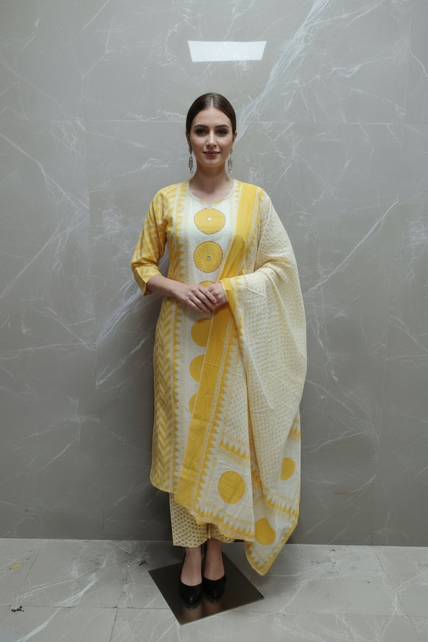 Yellow Cotton Hand Embroidery Straight Fit Kurtha