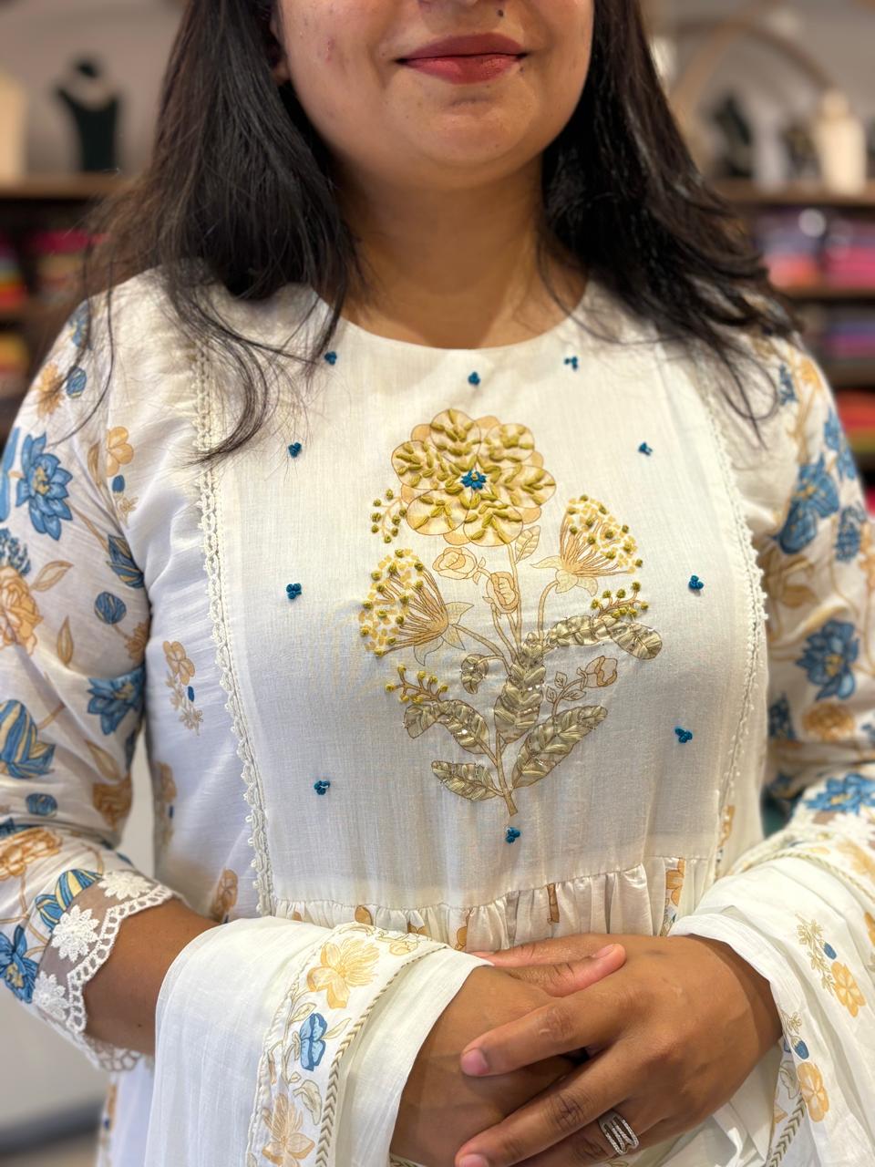 Cream Mul Cotton Block Print Anarkali Kurtha 837