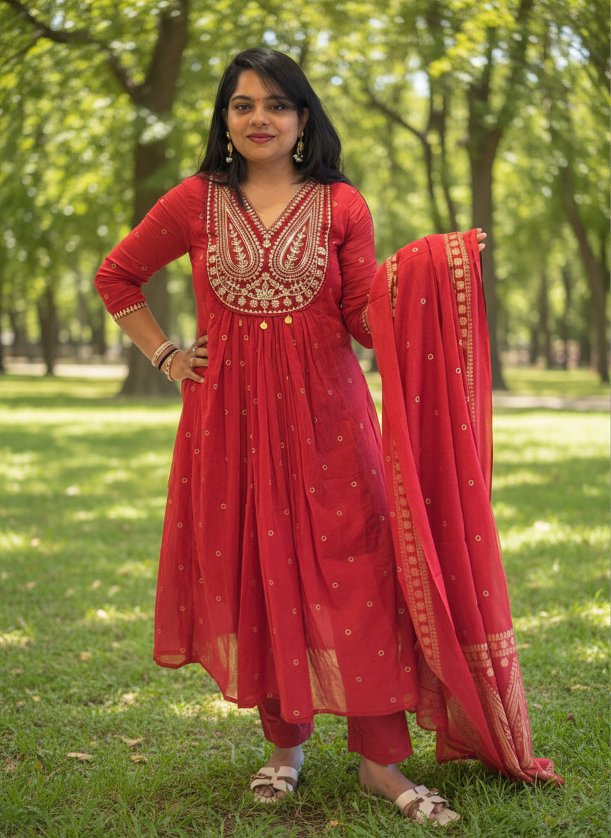 Red Cotton Hand Embroidery Airline Kurtha 677