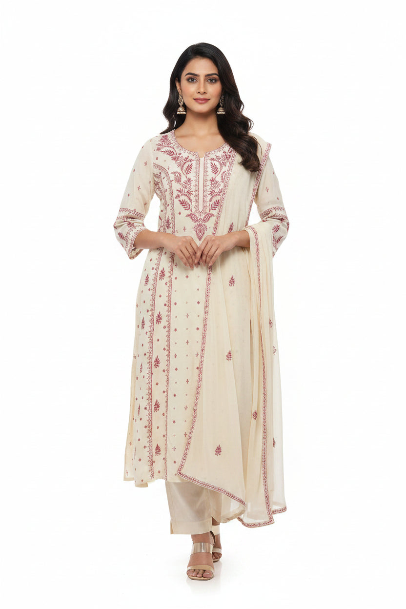 White And Pink Cotton Anarkali Kurtha  151