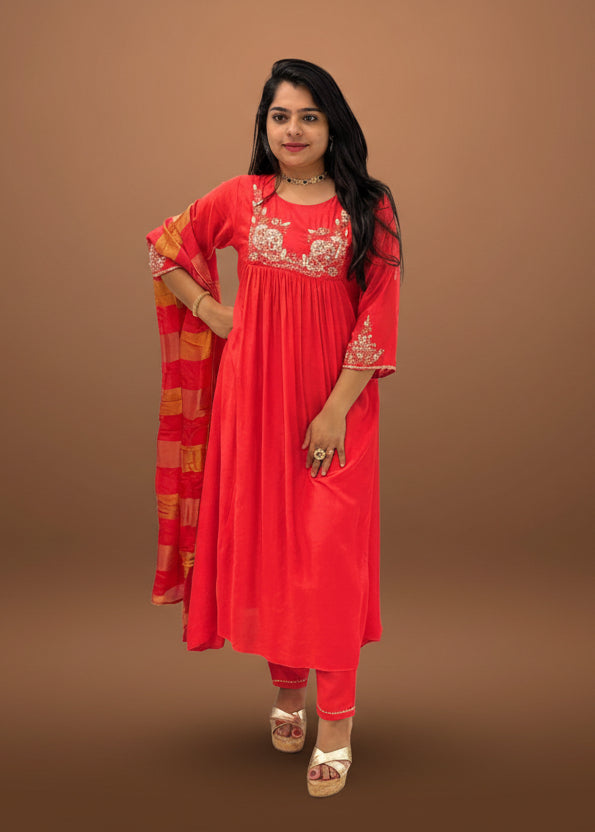 Red Mul Chanderi Hand Embroidery Airline Kurtha 36