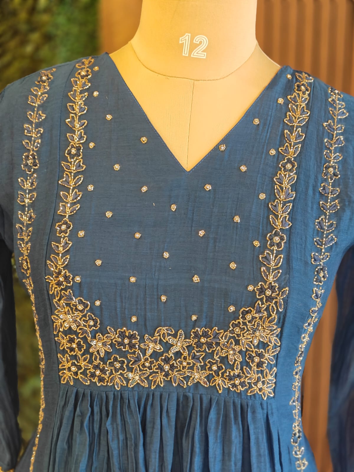 “Pani" Blue Mul Chanderi silk Kurtha suit with work hand embroidery 898