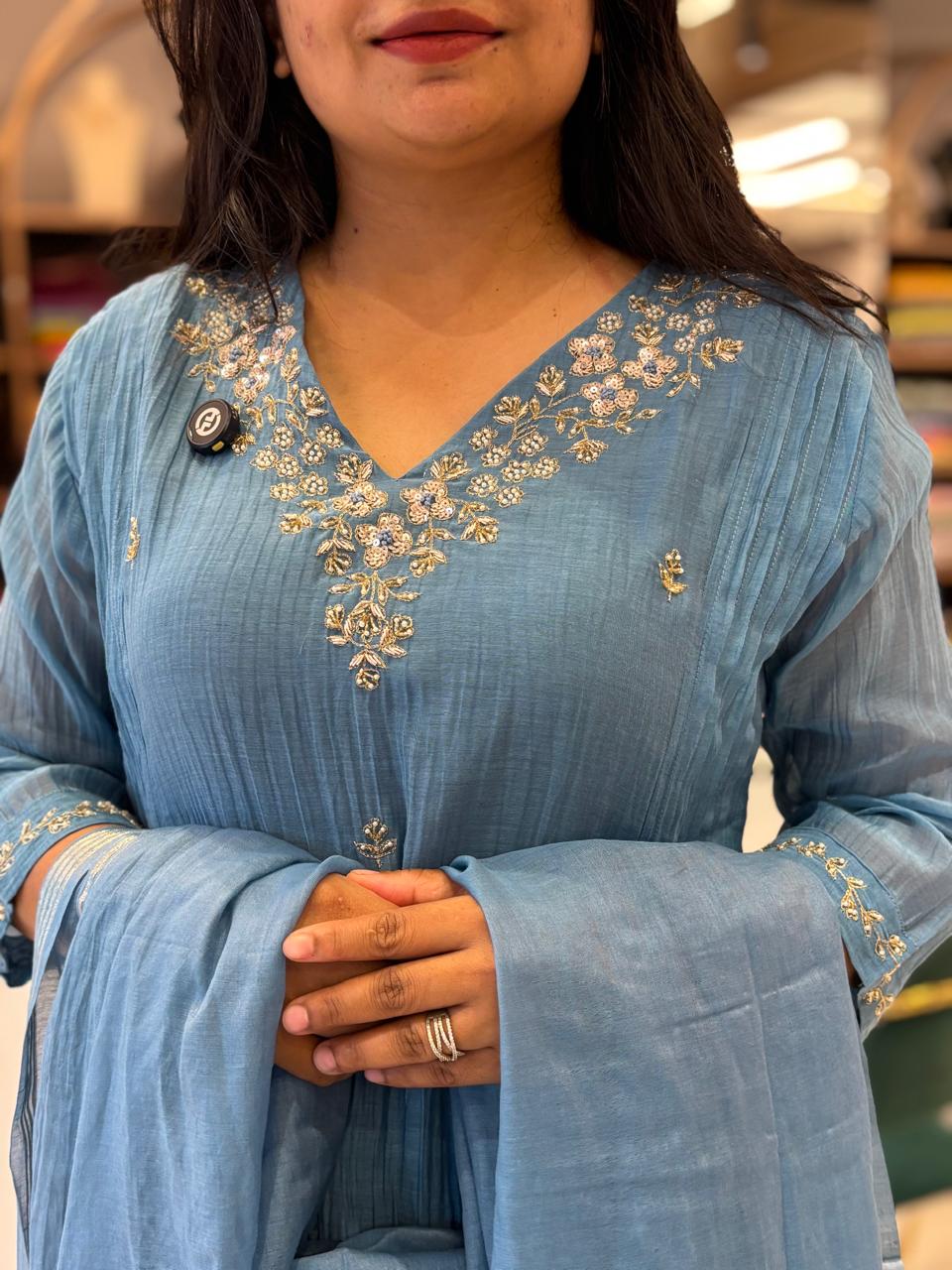 Blue  Mul Chanderi Anarkali Handwork Kurtha 127