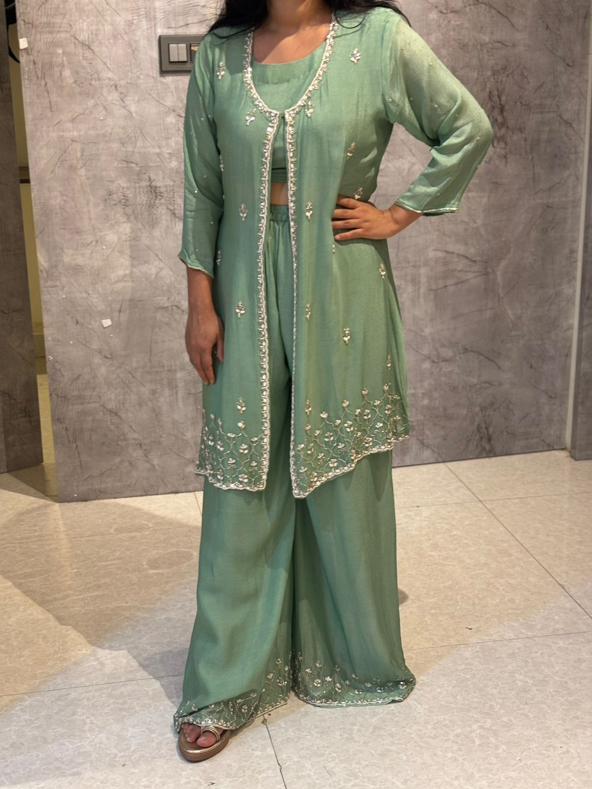 "PARI"  Sea Green Designer Kurtha 43 Set with Handwork Top, Palazoo and Jacket Indo-western cape