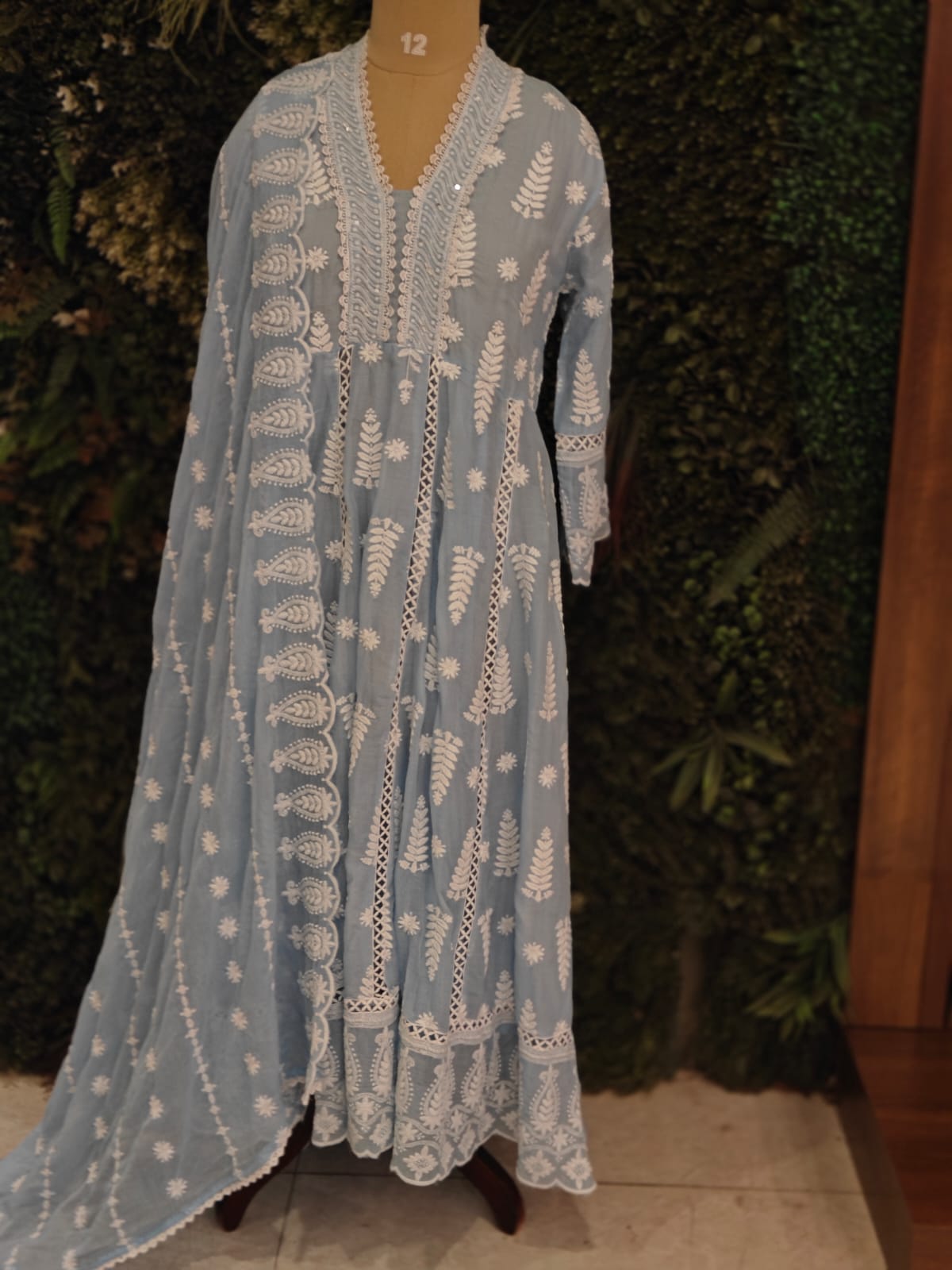 Sky Blue Cotton Hacoba Work Anarkali Kurtha 459