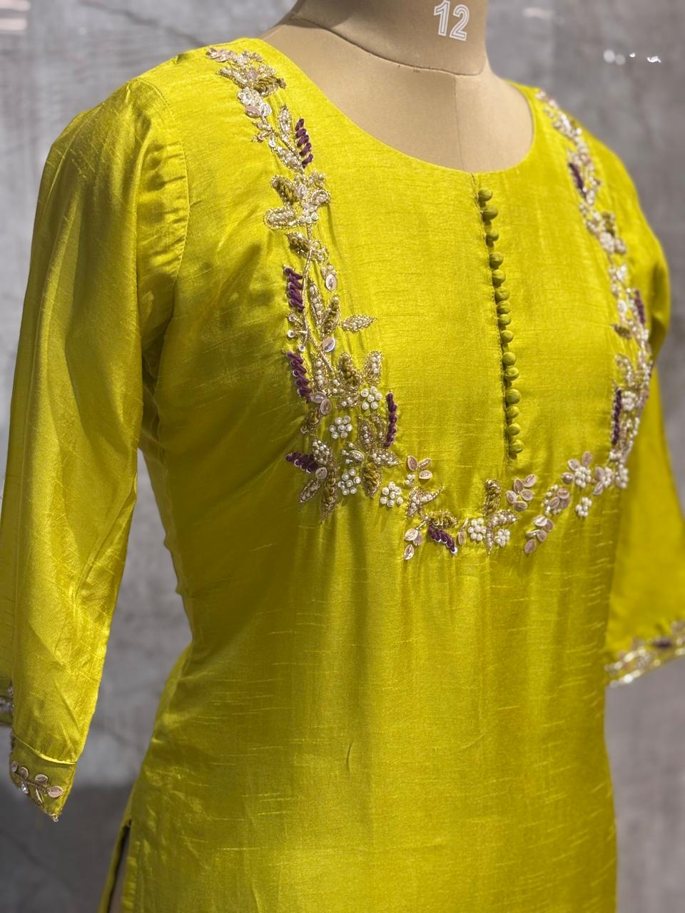 Green Dola Silk Handwork Straight Fit Kurtha 249