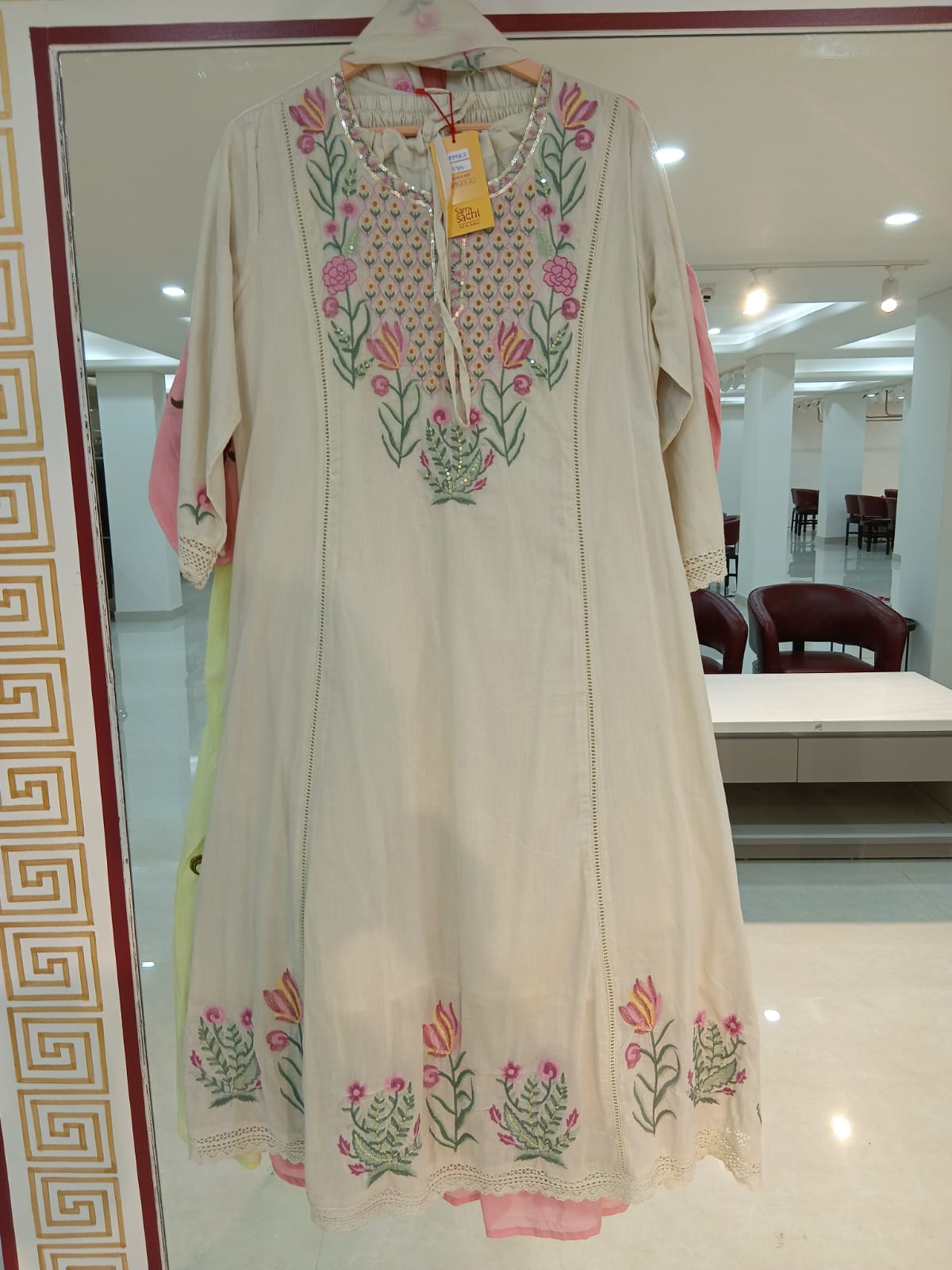 White Mul Cotton Hand Embroidery Anarkali Kurtha 203