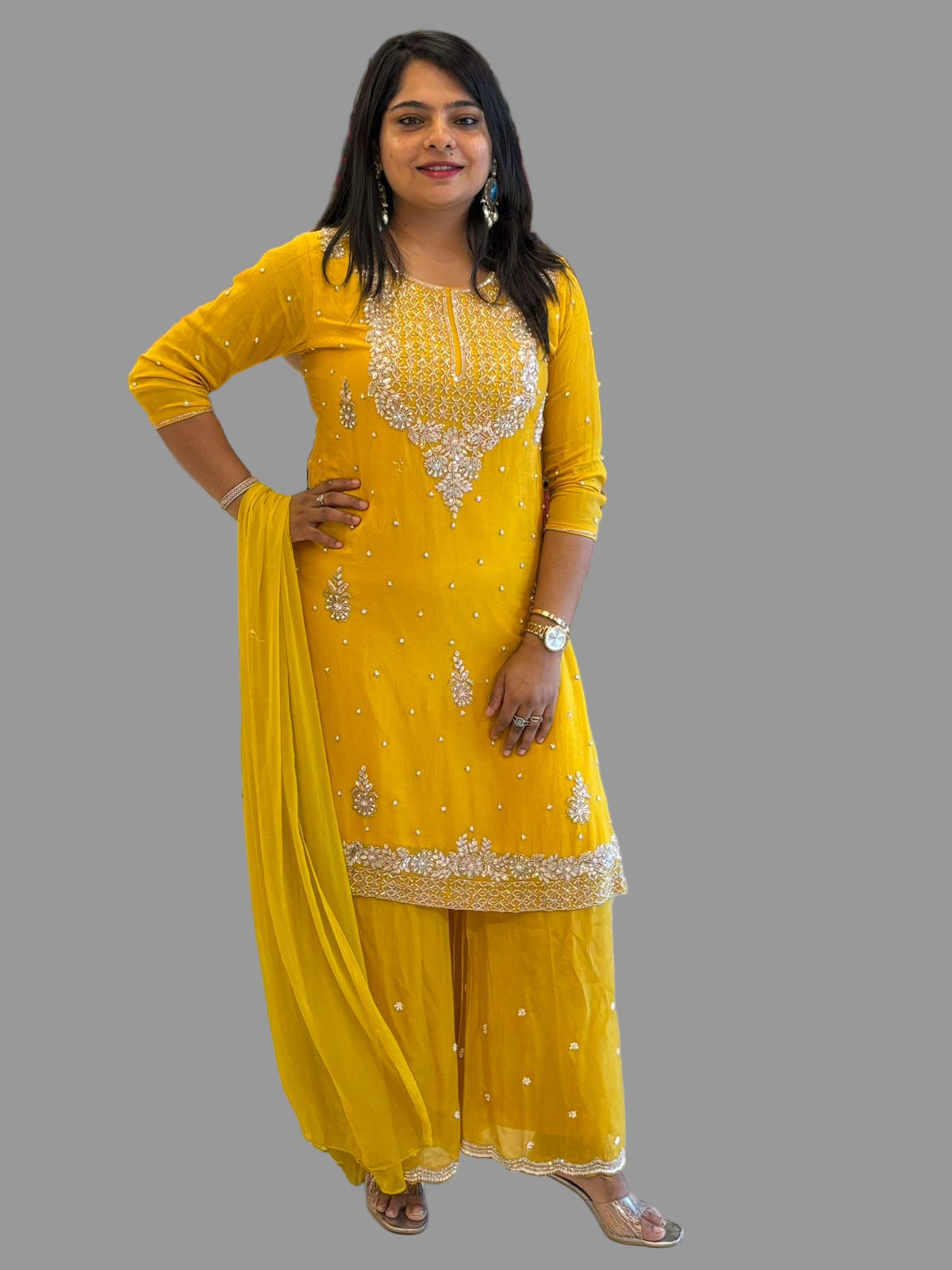 Yellow Chinnon Hand Embroidery Sharara Kurtha 301