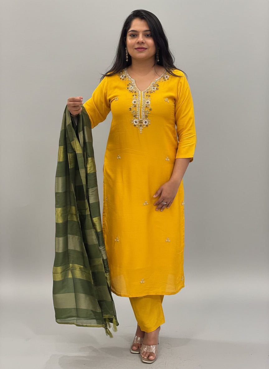 Yellow Dola Silk Handwork Straight Fit Kurtha 39