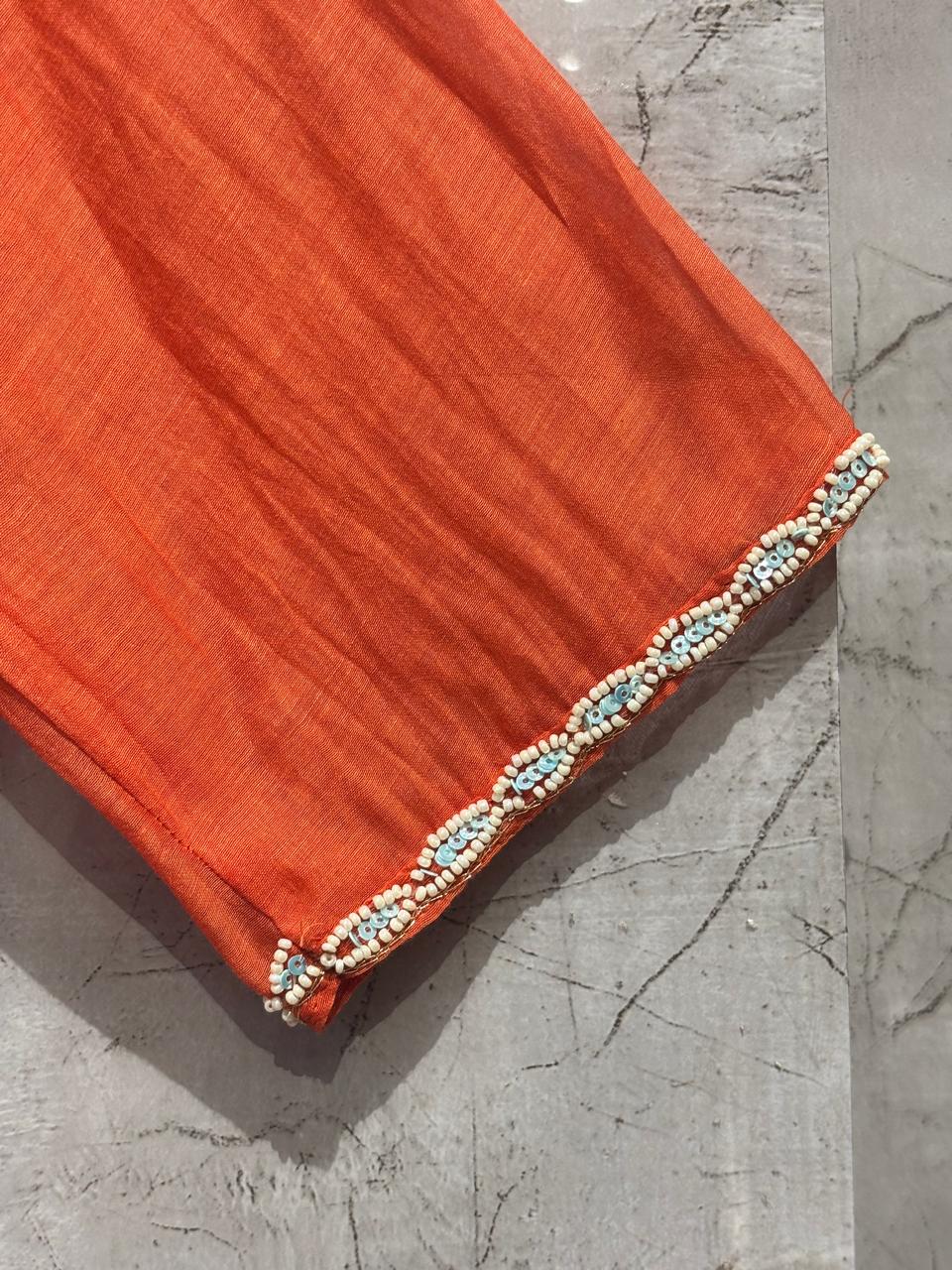 Orange  Mul Chanderi silk Kurtha 765 with Handwork Embroidery