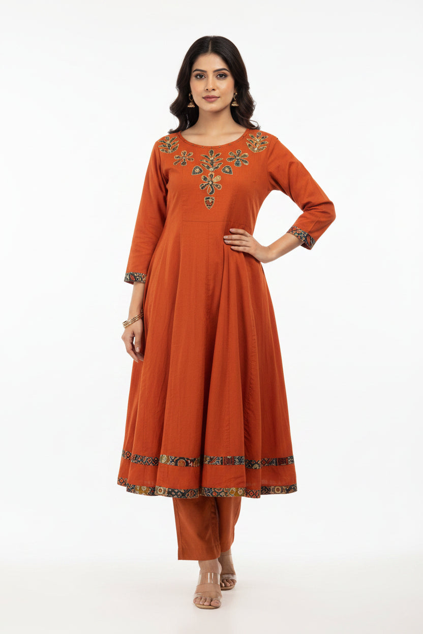 Orange Cotton Hand Embroidery ANRAKALI Kurtha 389