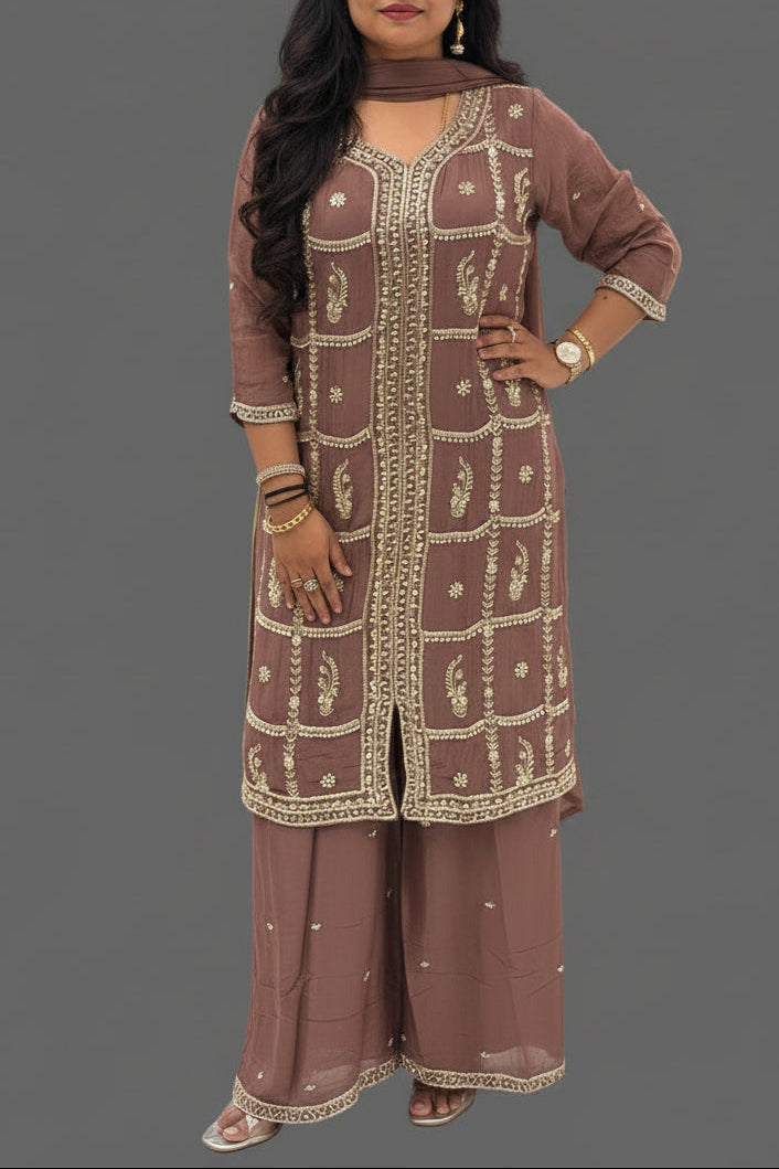 Brown Chinnon Hand Embroidery Sharara Kurtha 301