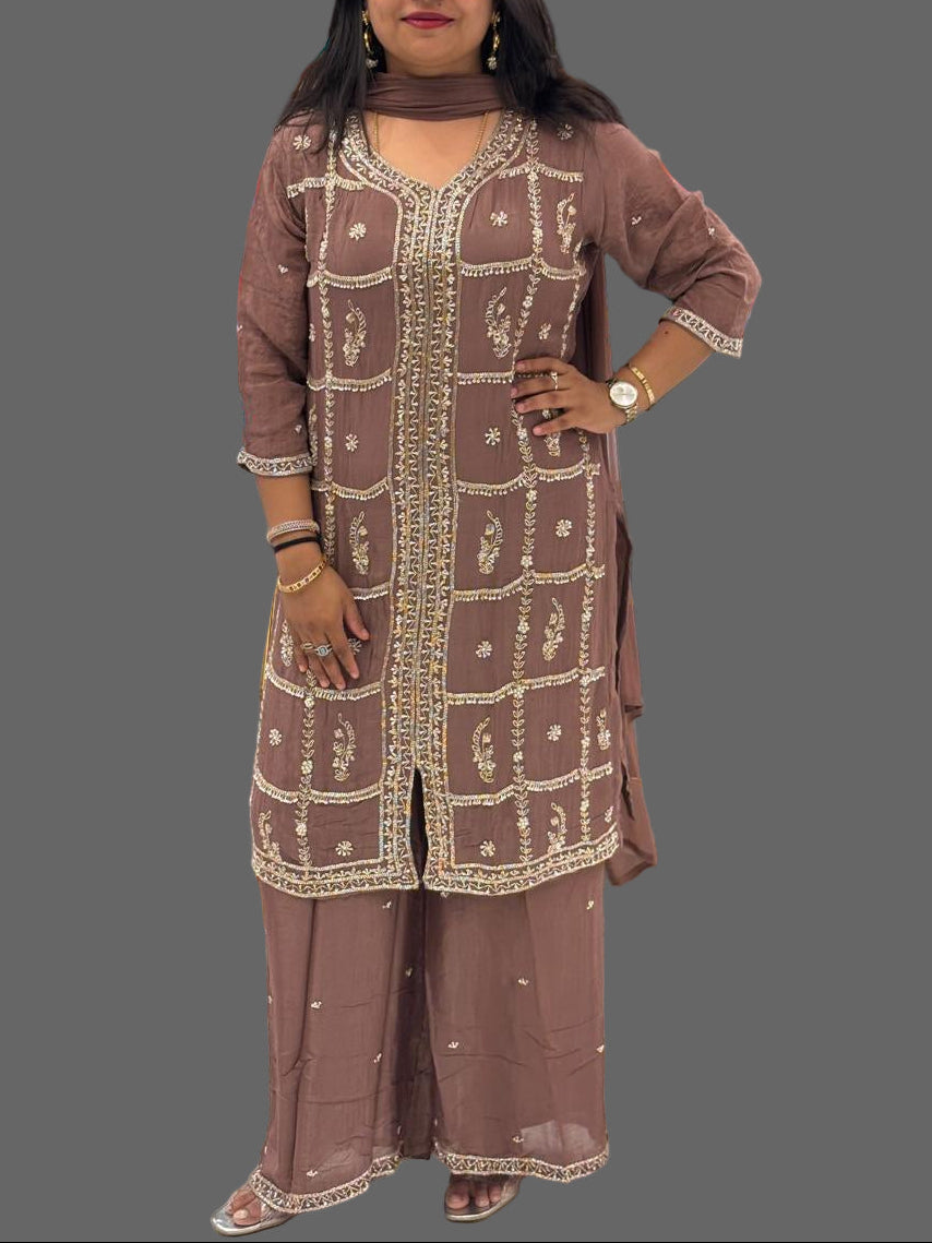 Brown Chinnon Hand Embroidery Sharara Kurtha 901