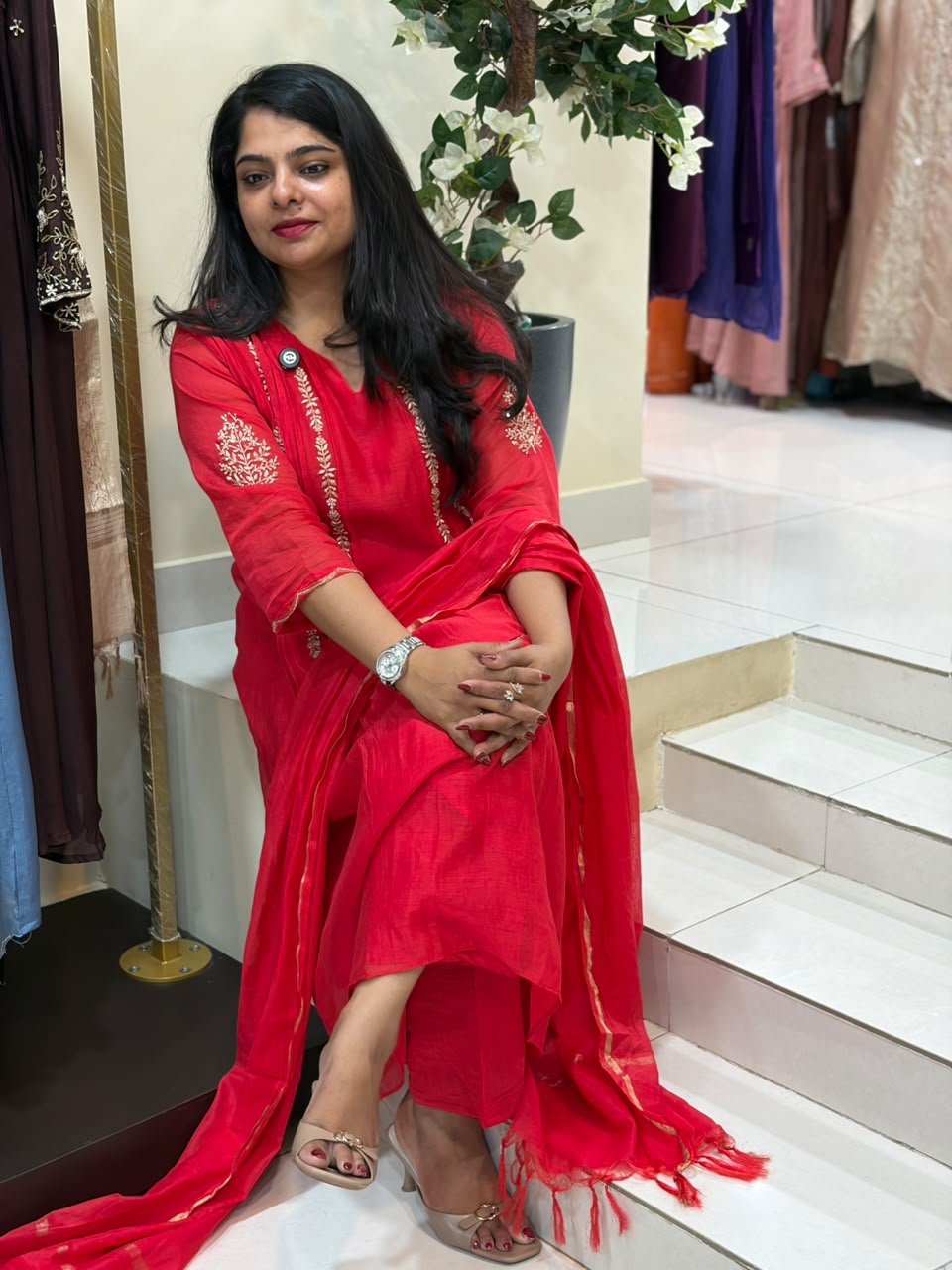 Red Mul Chanderi Hand Embroidery Airline Kurtha 514