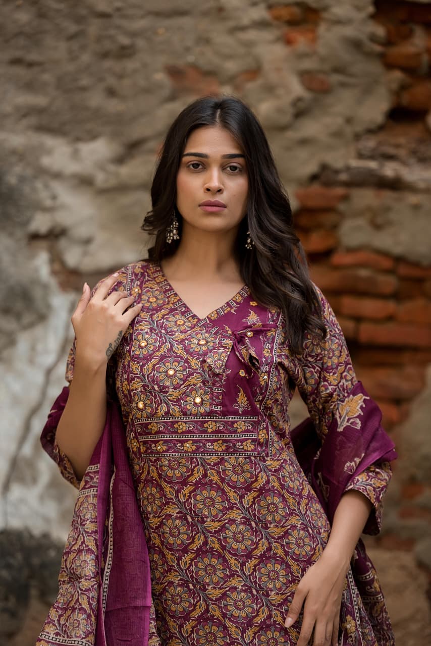 Purple Cotton Kalamkari Kurtha