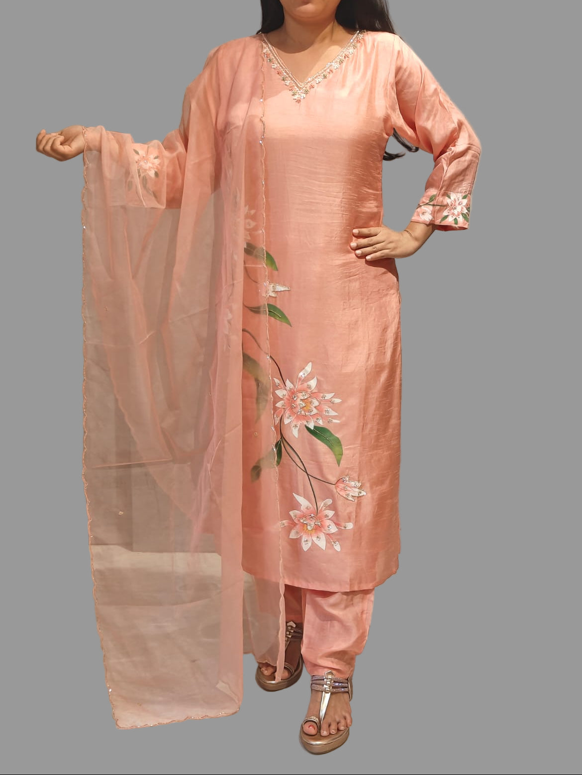 Baby Pink Dola Hand Painted Straight Fit  Kurtha 431