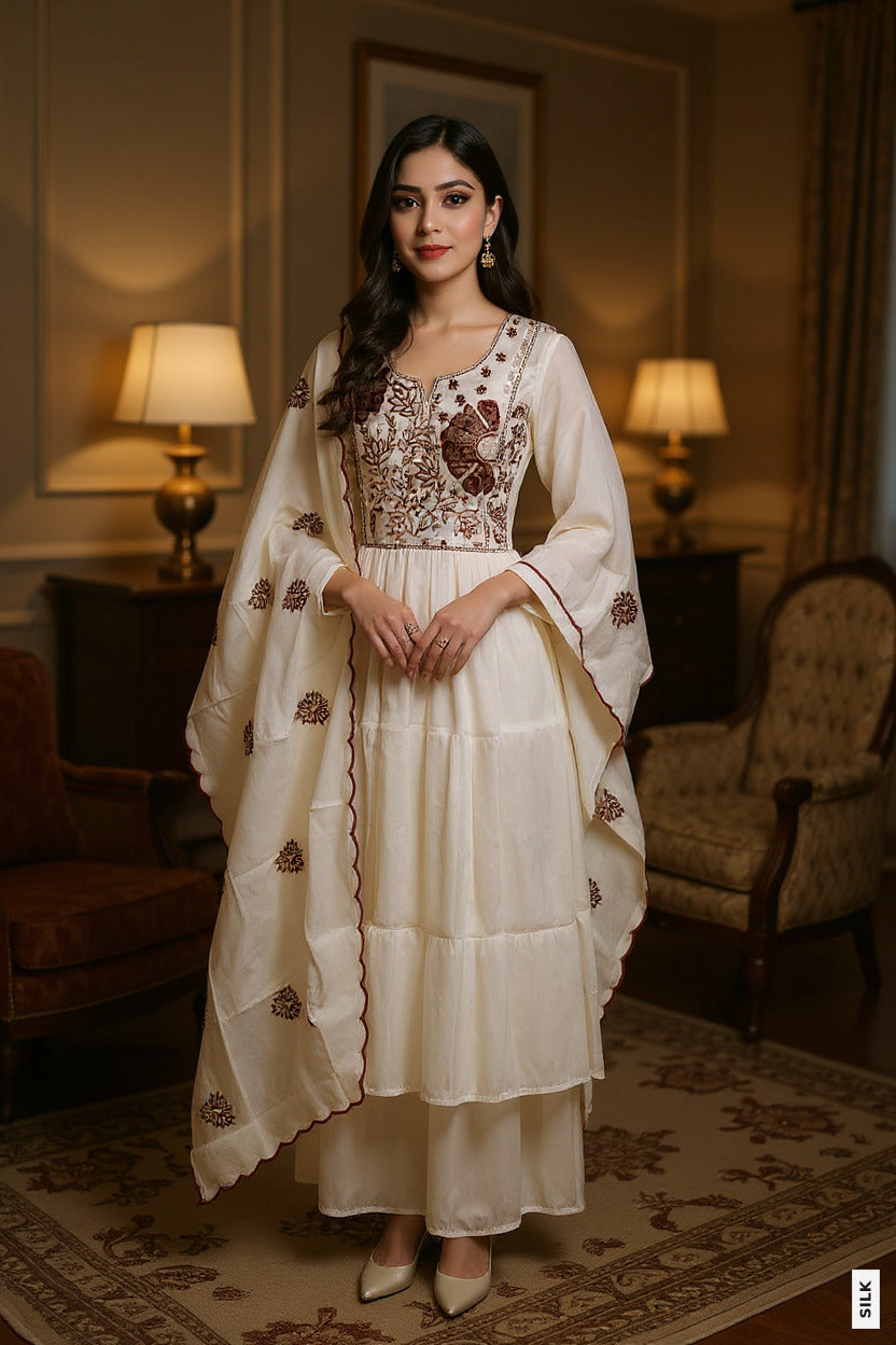 White Silk Thread Embroidery Anarkali Kurtha