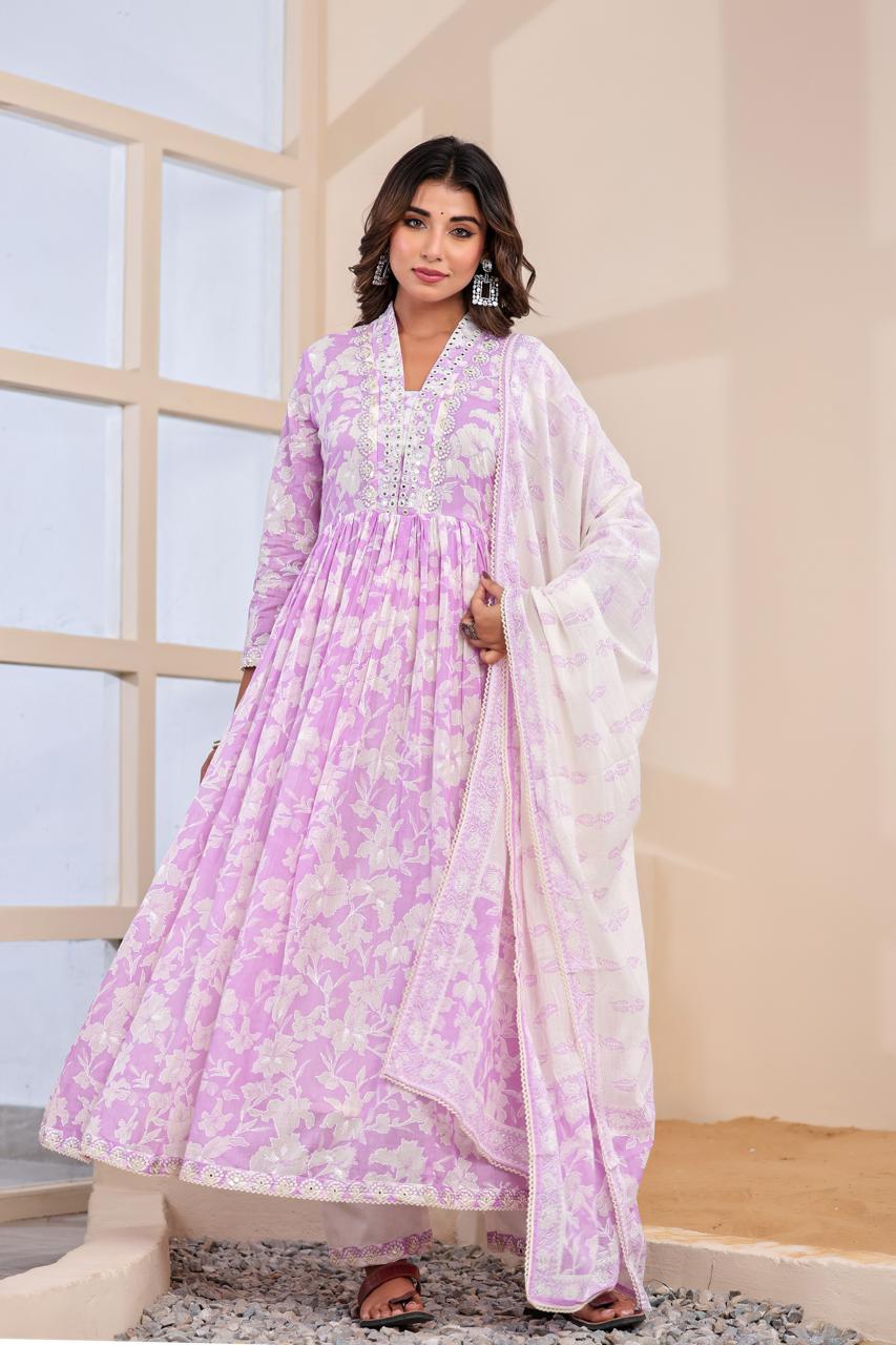 “Naya” Light Purple Mul Cotton 3pcs Kurtha suit with block prints and embroidery 242