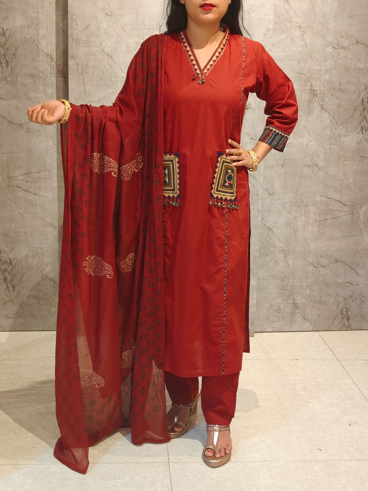 Maroon Cotton Thread Emboridery Straight Fit Kurtha