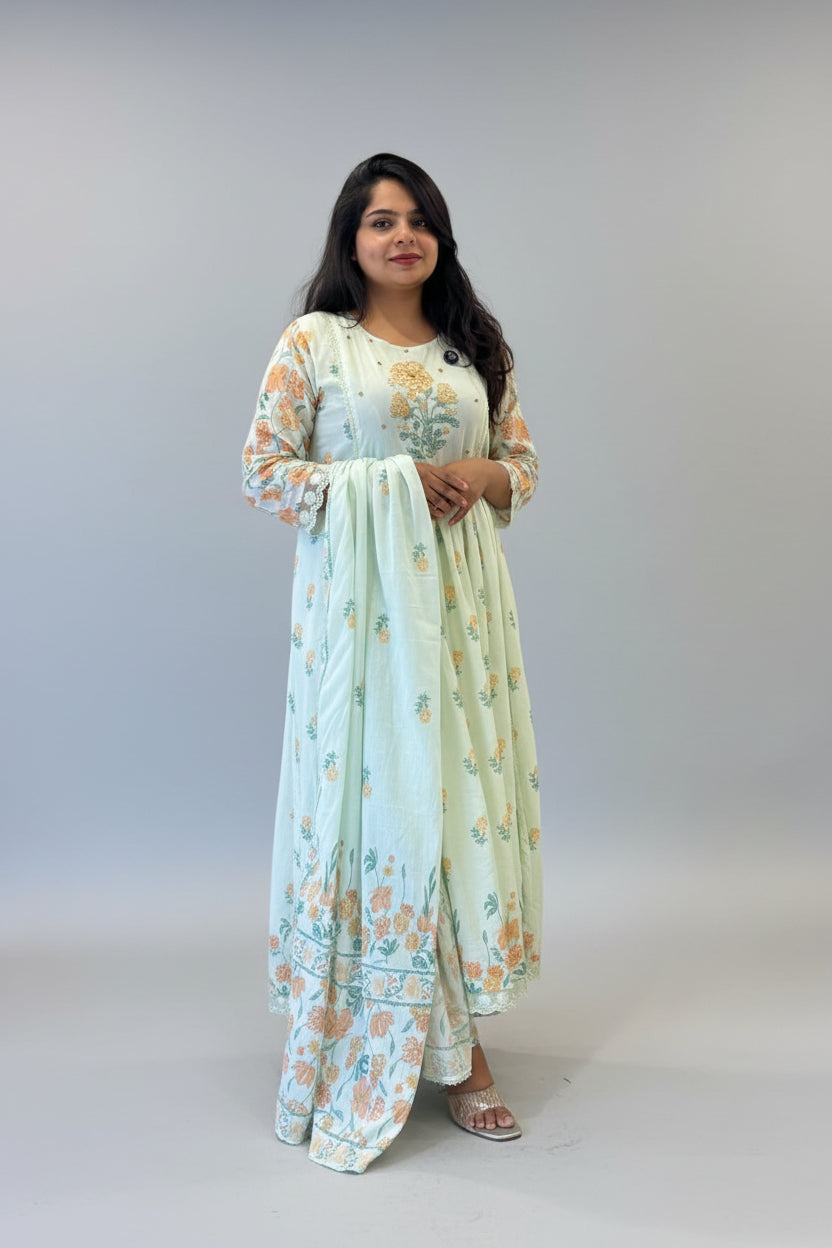 Pista Green Mul Cotton Block Print Anarkali Kurtha 837