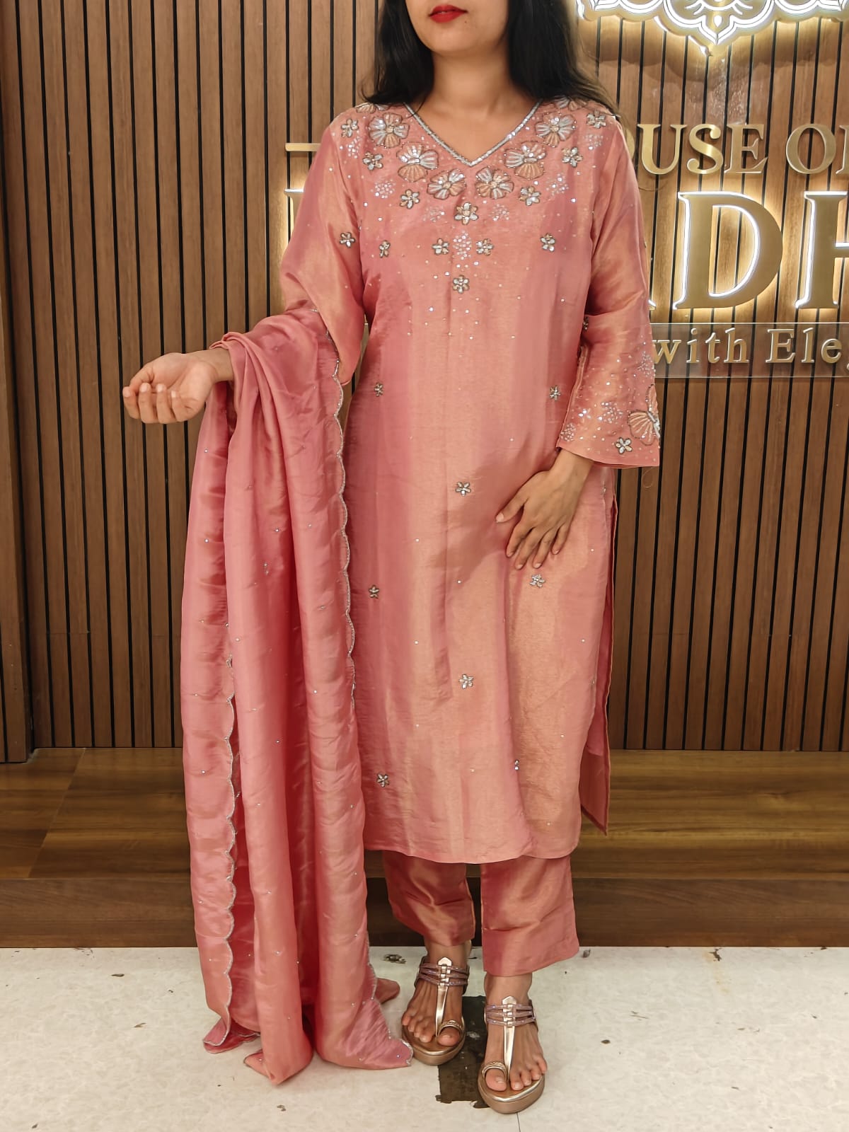 “Chandini" pink tissue Shimmer silk Kurtha suit with work hand embroider kurtha 088