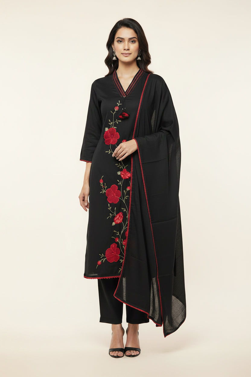 Black Cotton Hand Embroidery A Line Kurtha 389