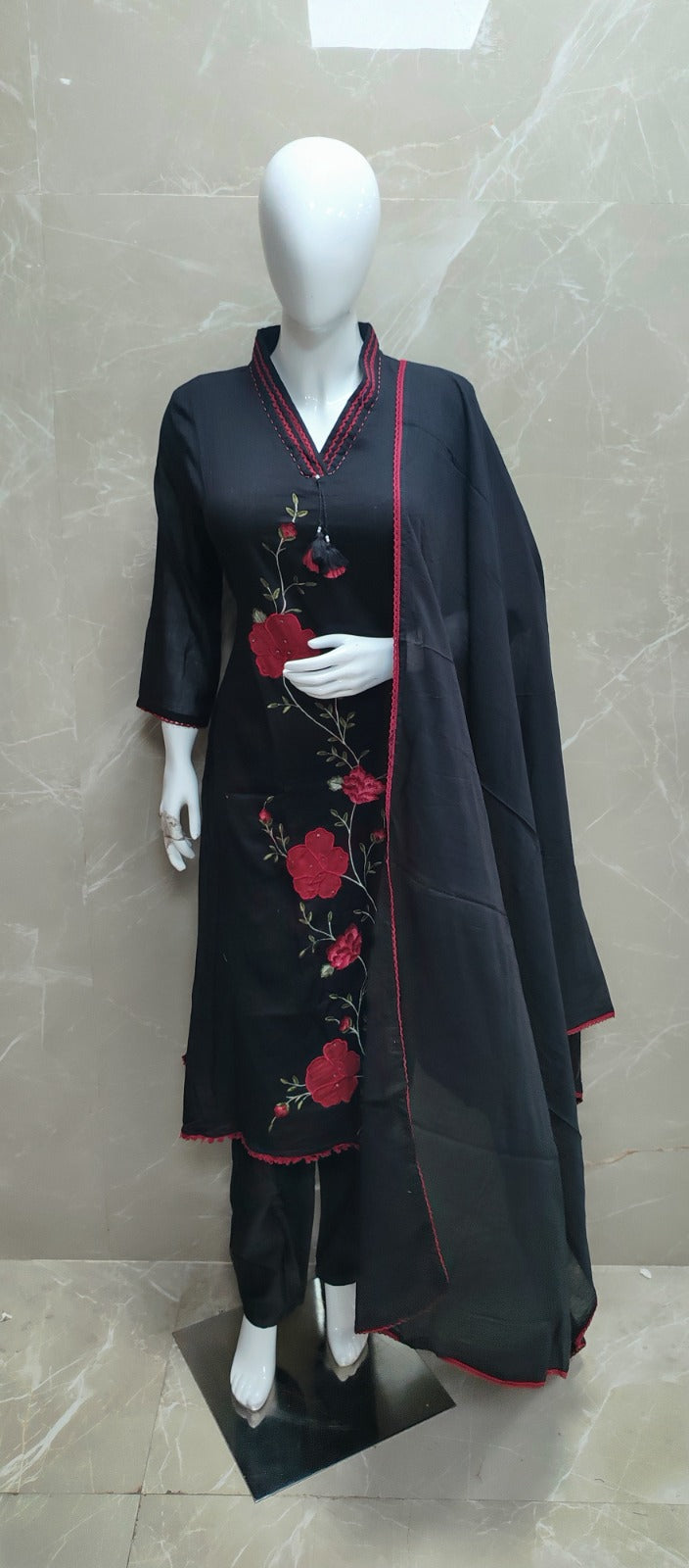 Black Cotton Hand Embroidery A Line Kurtha 389