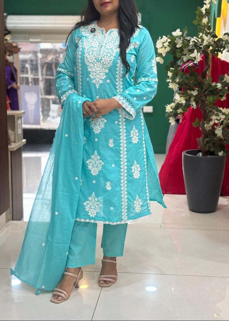 Blue Mul Cotton  Chikankari Work Straight Fit Kurtha 196