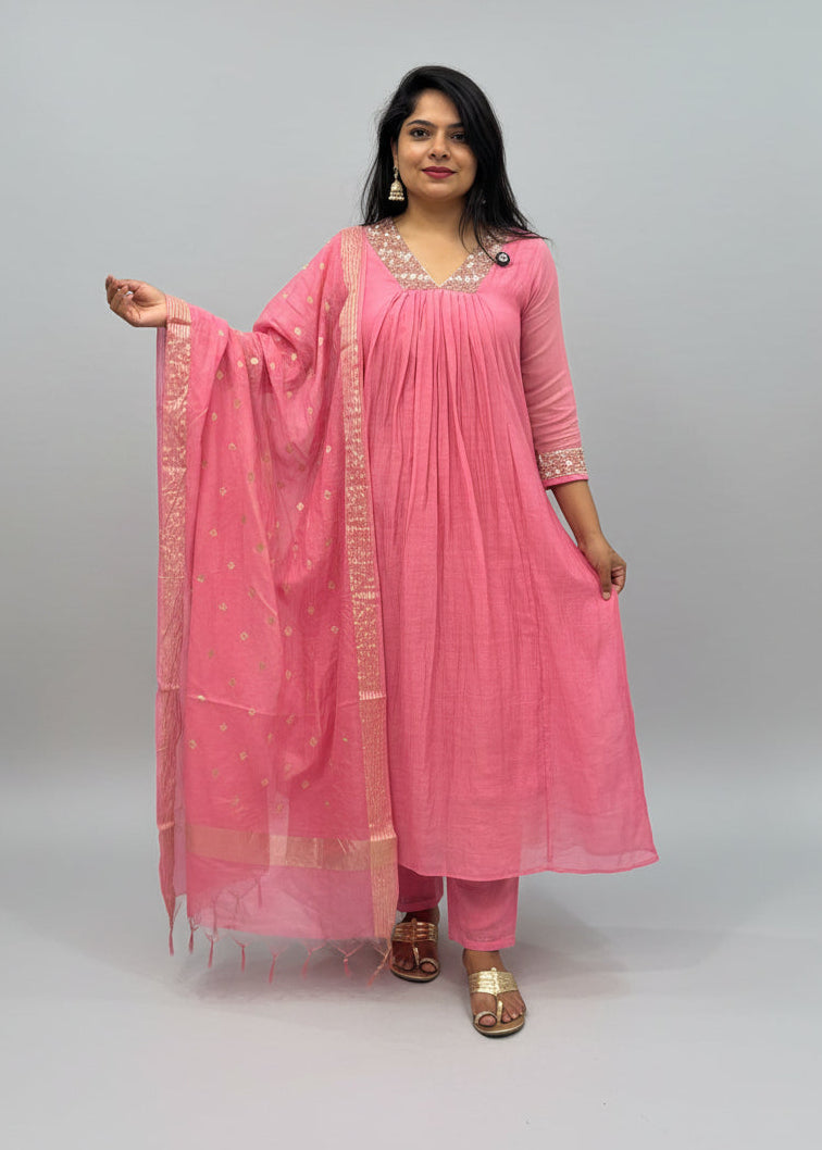 Baby Pink Mul Chanderi Hand Embroidery Airline Kurtha 324