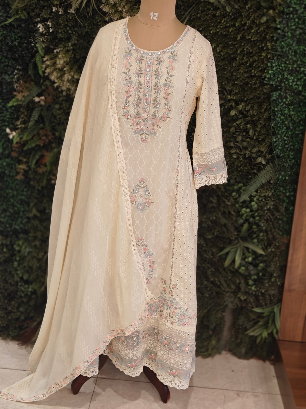 White Cotton Hacoba Work Anarkali Kurtha 459