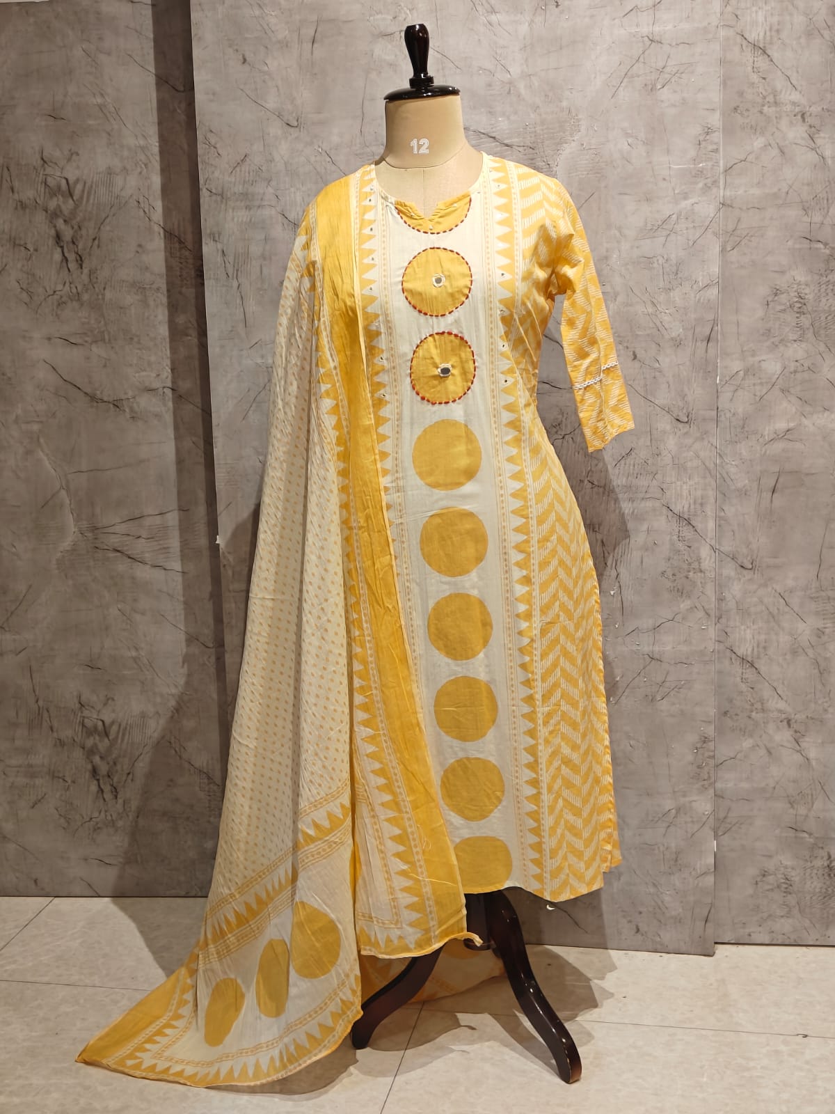 Yellow Cotton Hand Embroidery Straight Fit Kurtha
